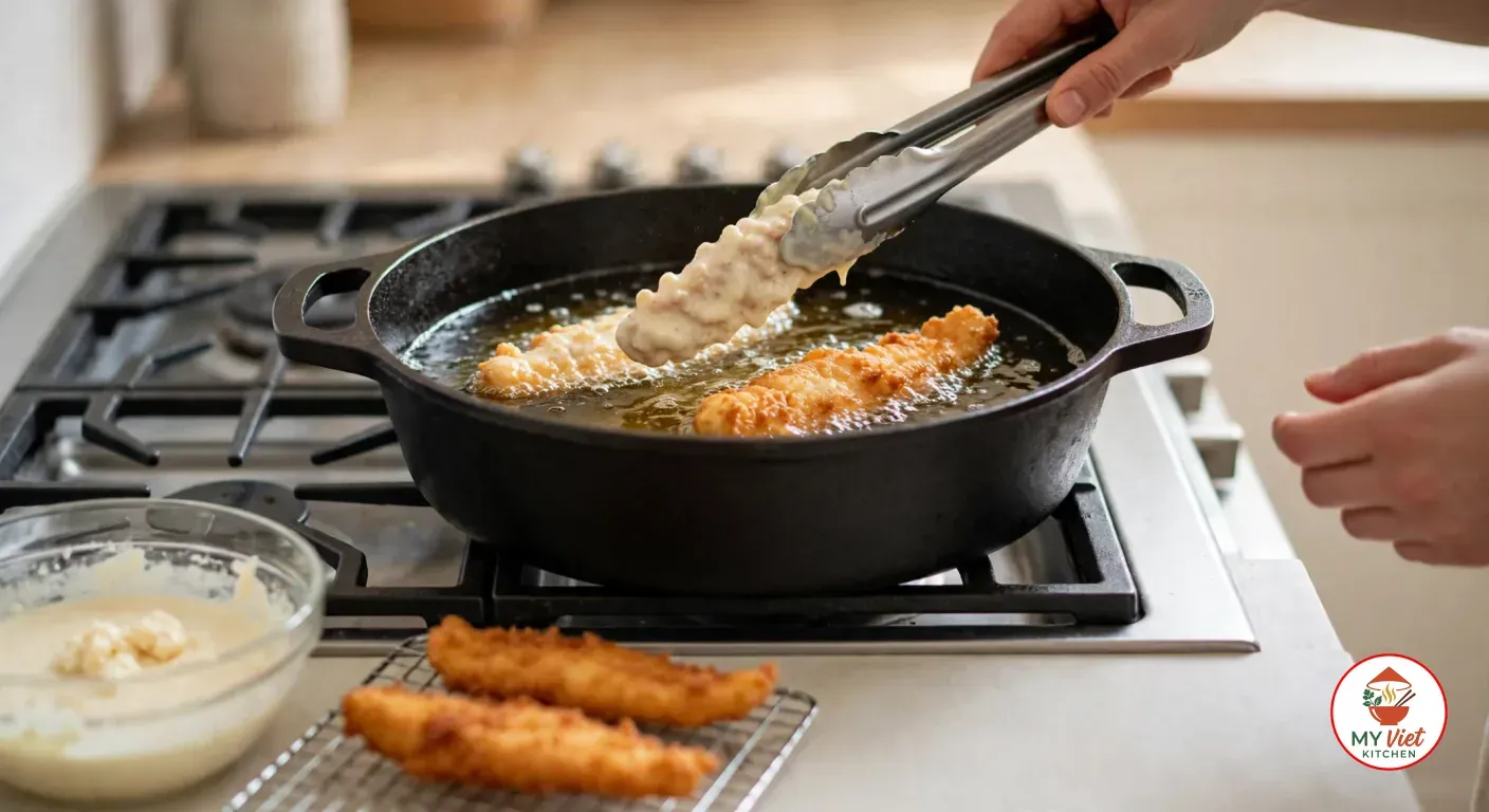 A hand lowering a batter-coated fish strip into bubbling oil in a black cast-iron pot with tongs, while two more strips fry and two golden pieces drain on a wire rack beside a glass bowl of batter