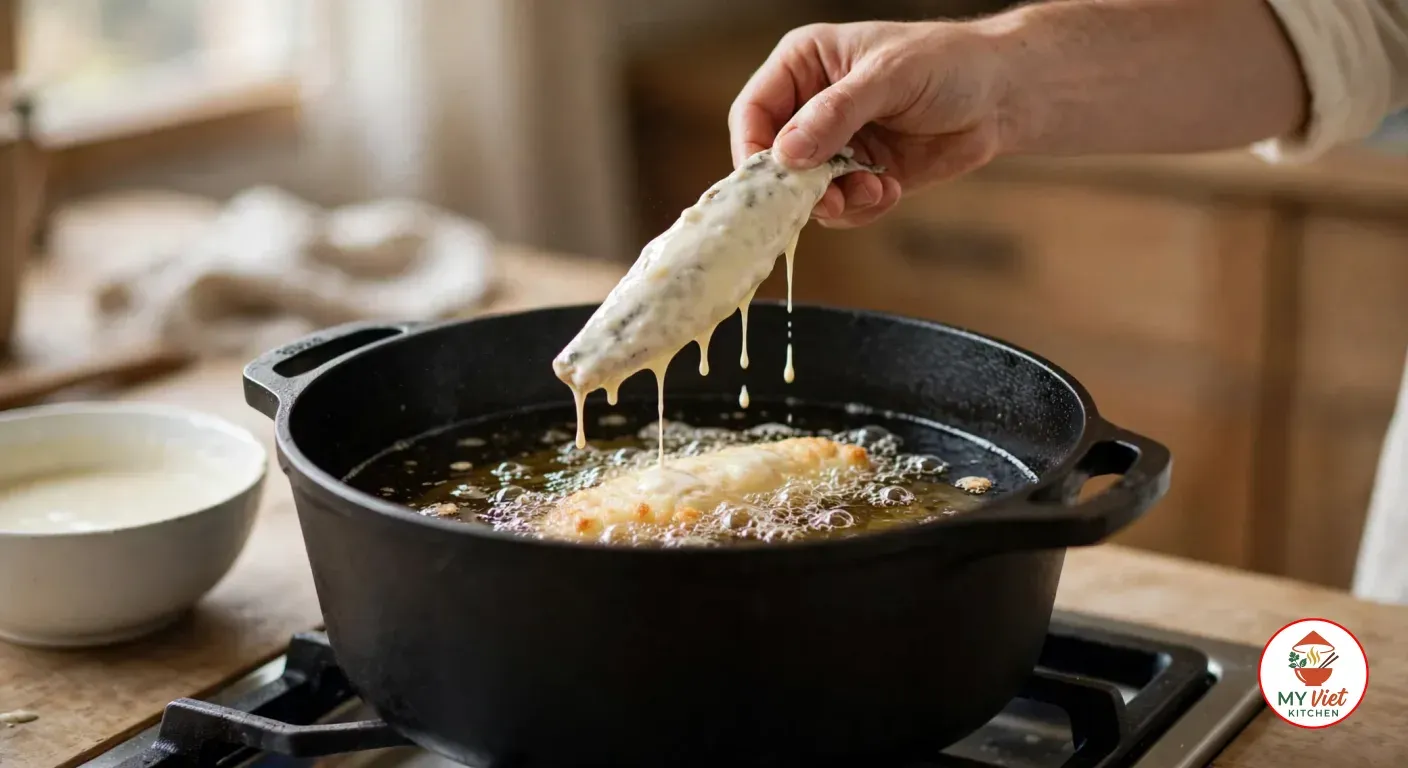 Lowering a flathead fillet dripping with pale beer batter by hand into bubbling hot oil in a deep black cast-iron pot on a gas stove, another battered fillet already frying golden, a white bowl of batter beside the stove