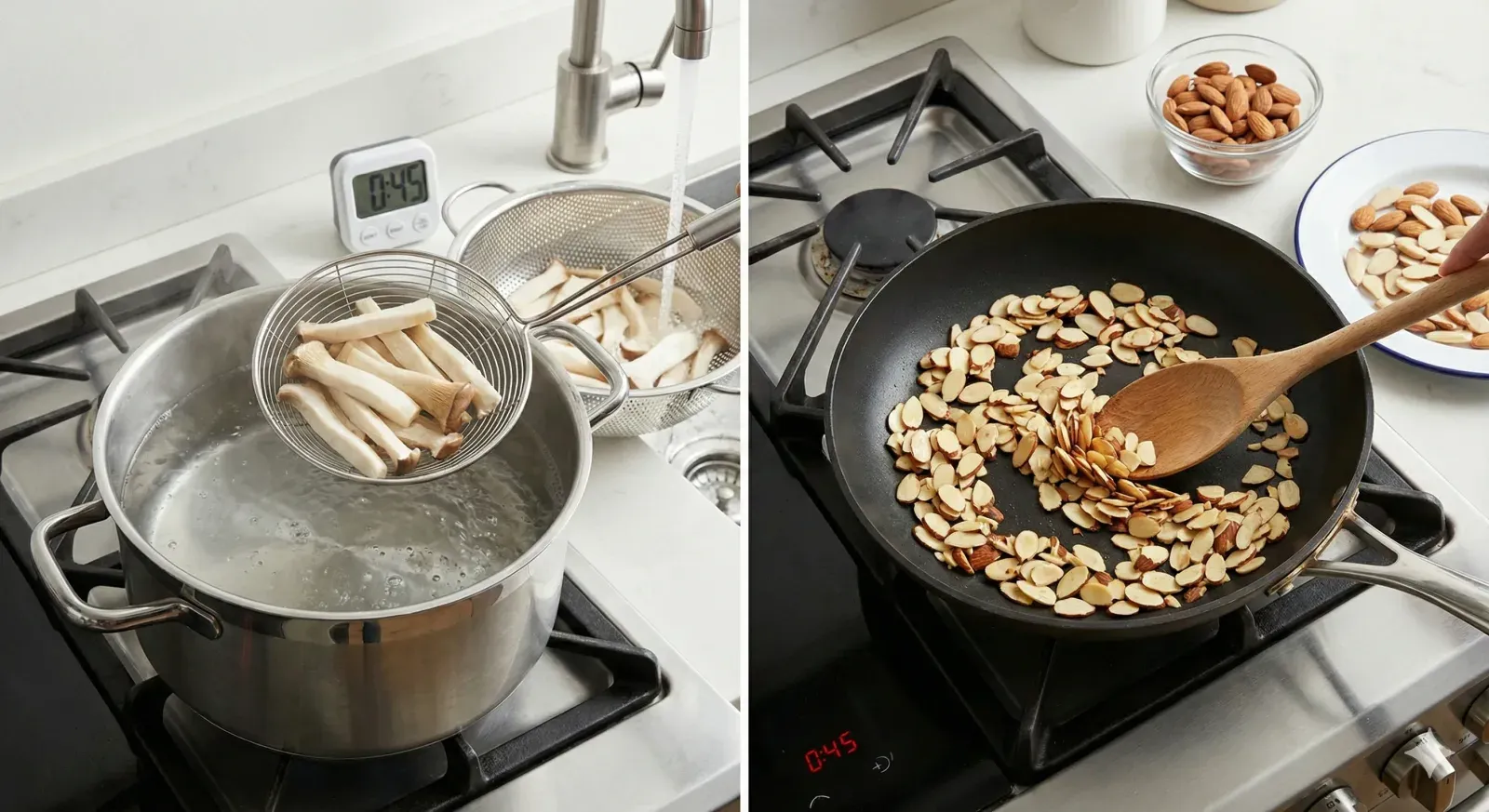 Step 4: Blanch Mushrooms and Toast Almonds