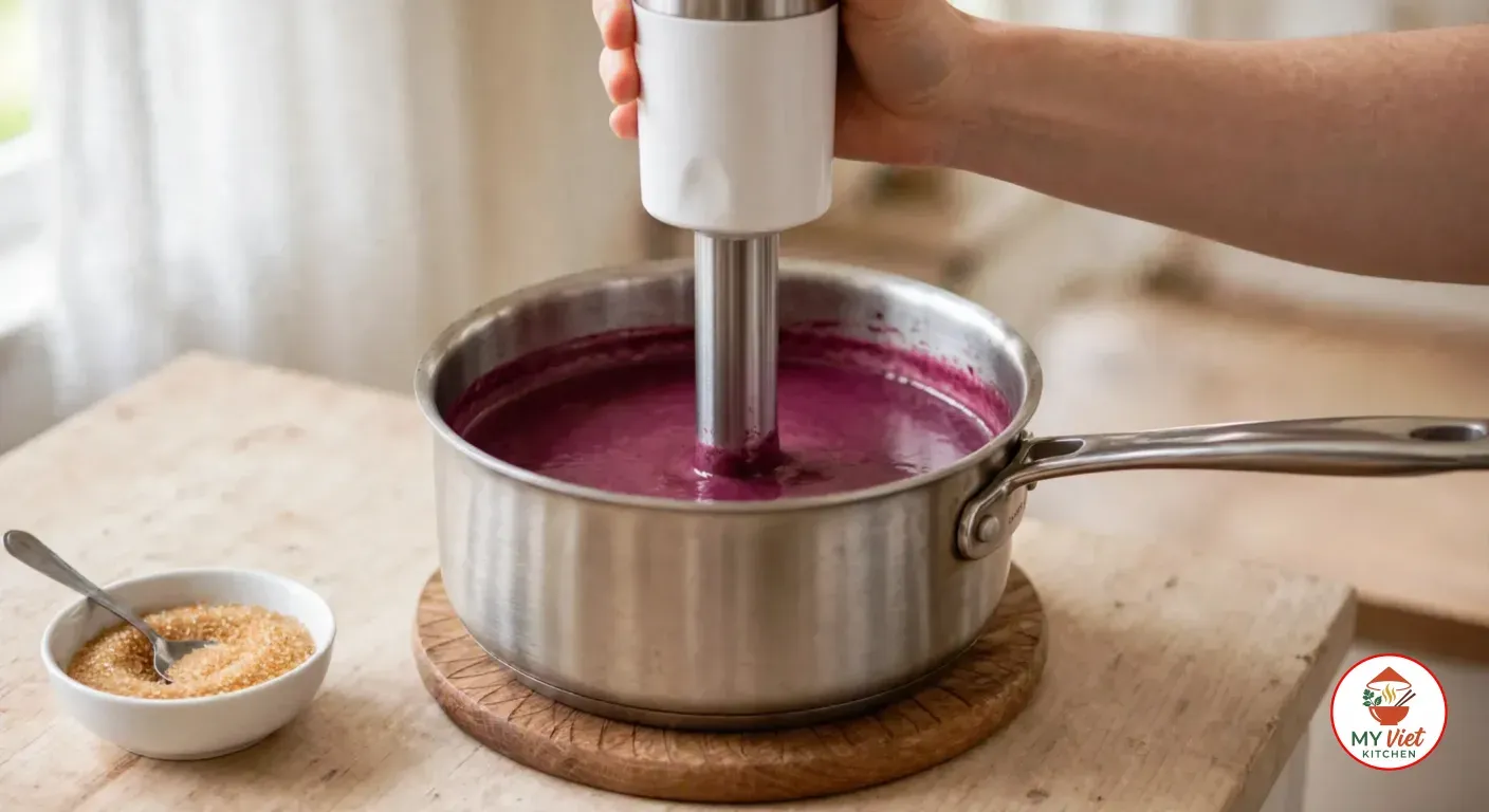 A hand holding a white stick blender in a stainless steel saucepan of smooth magenta-purple sauce on a wooden trivet, beside a small white bowl of golden raw sugar with a spoon