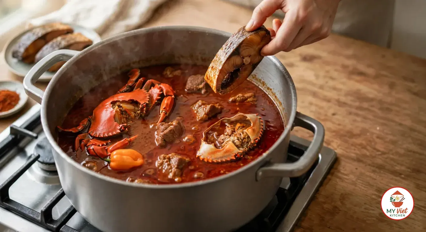 A hand lowering a thick piece of smoked fish into the deep red simmering soup with a whole cooked crab, an upturned crab shell, goat chunks and a whole orange habanero, with a plate of smoked fish and a dish of ground crayfish beside the pot