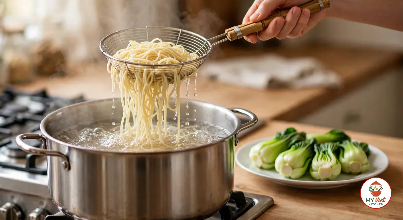A hand lifting thin pale wheat noodles out of a steel stockpot of boiling water with a bamboo-handled wire spider, beside a white plate of blanched baby bok choy on a wooden counter