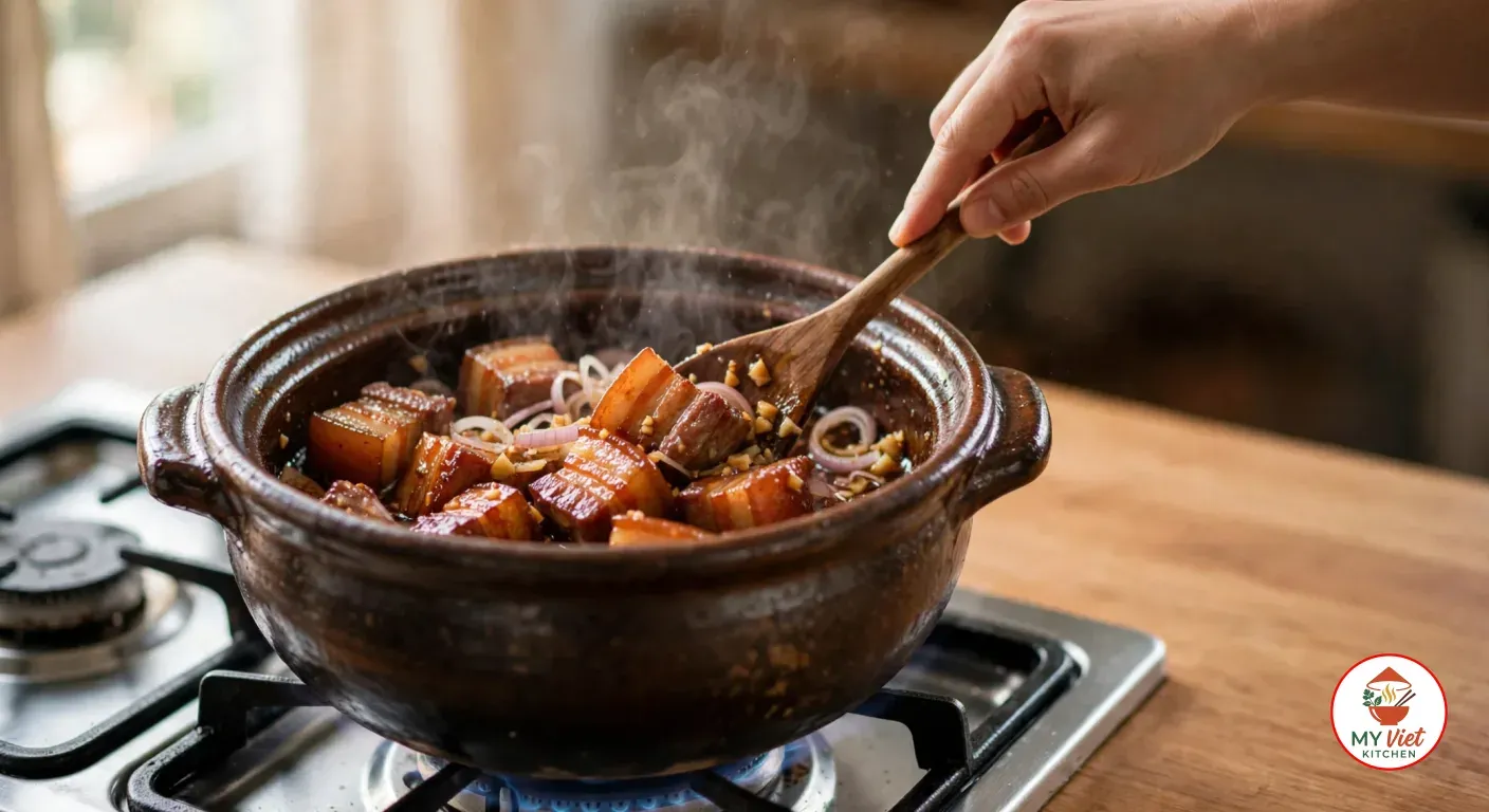 Pork belly chunks seared in amber caramel with minced garlic and sliced shallots in a clay pot, stirred with a wooden spoon