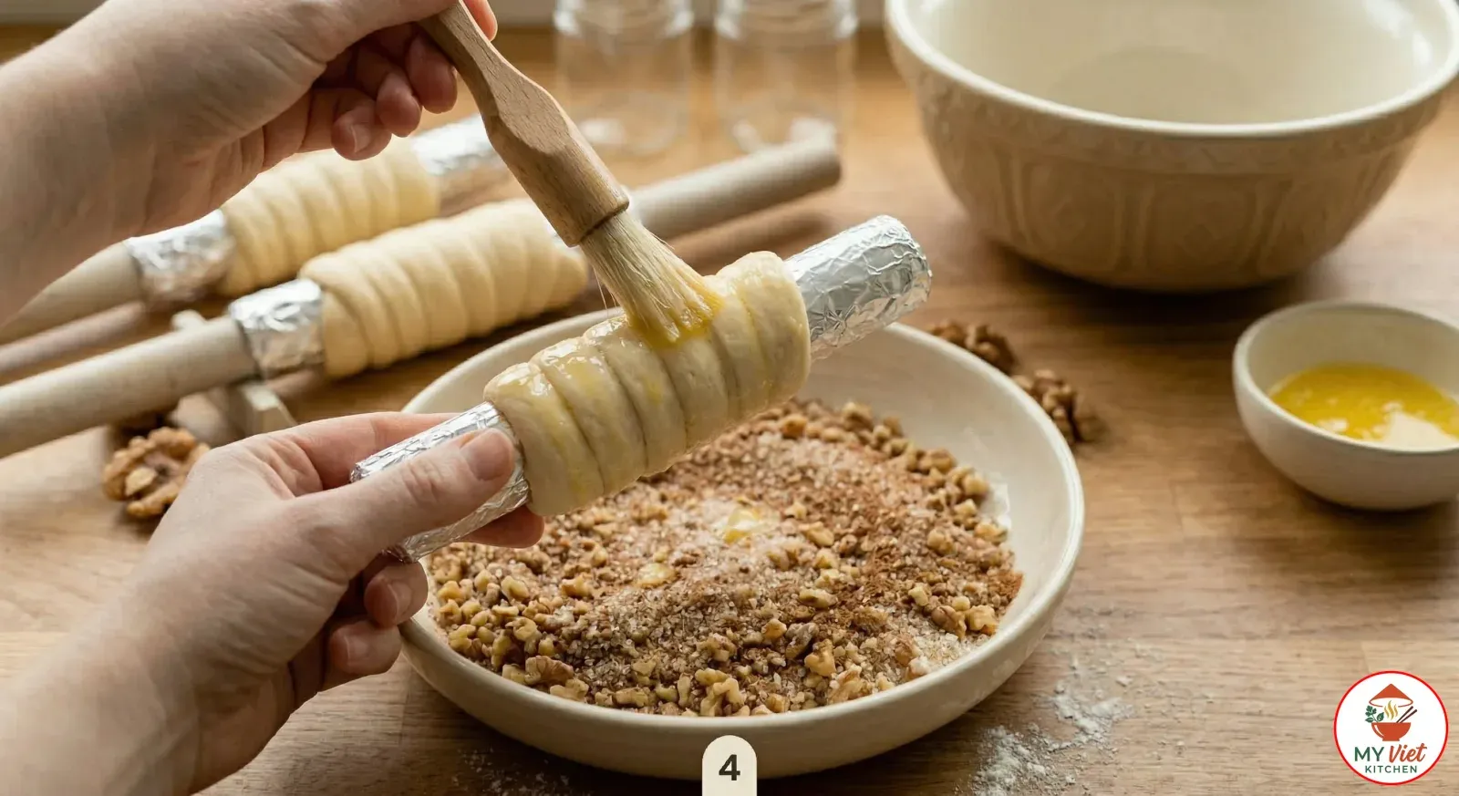 Step 4- Brush and Coat with Cinnamon-Sugar-Walnut Mixture