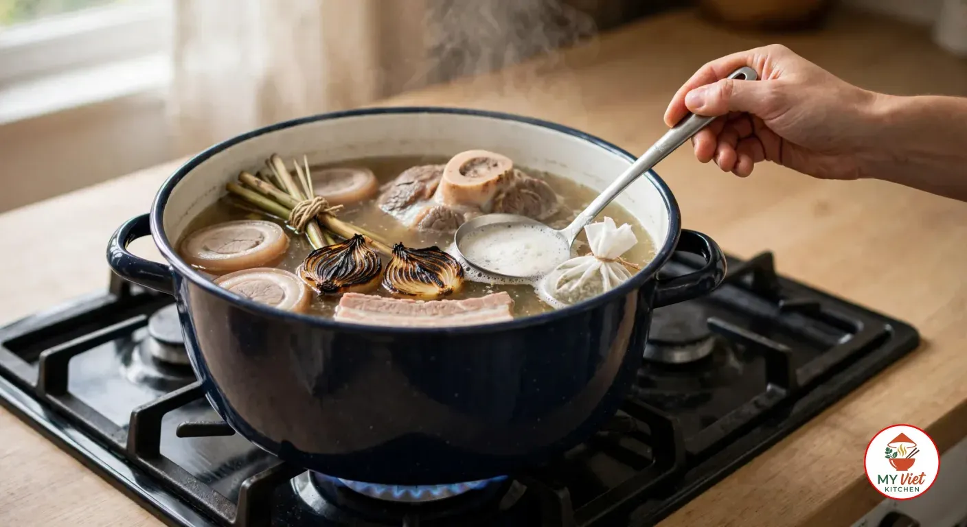 A hand skimming foam from a navy enamel stockpot of broth simmering with beef bones, pork hock, pork belly, charred onion, knotted lemongrass and a spice bag