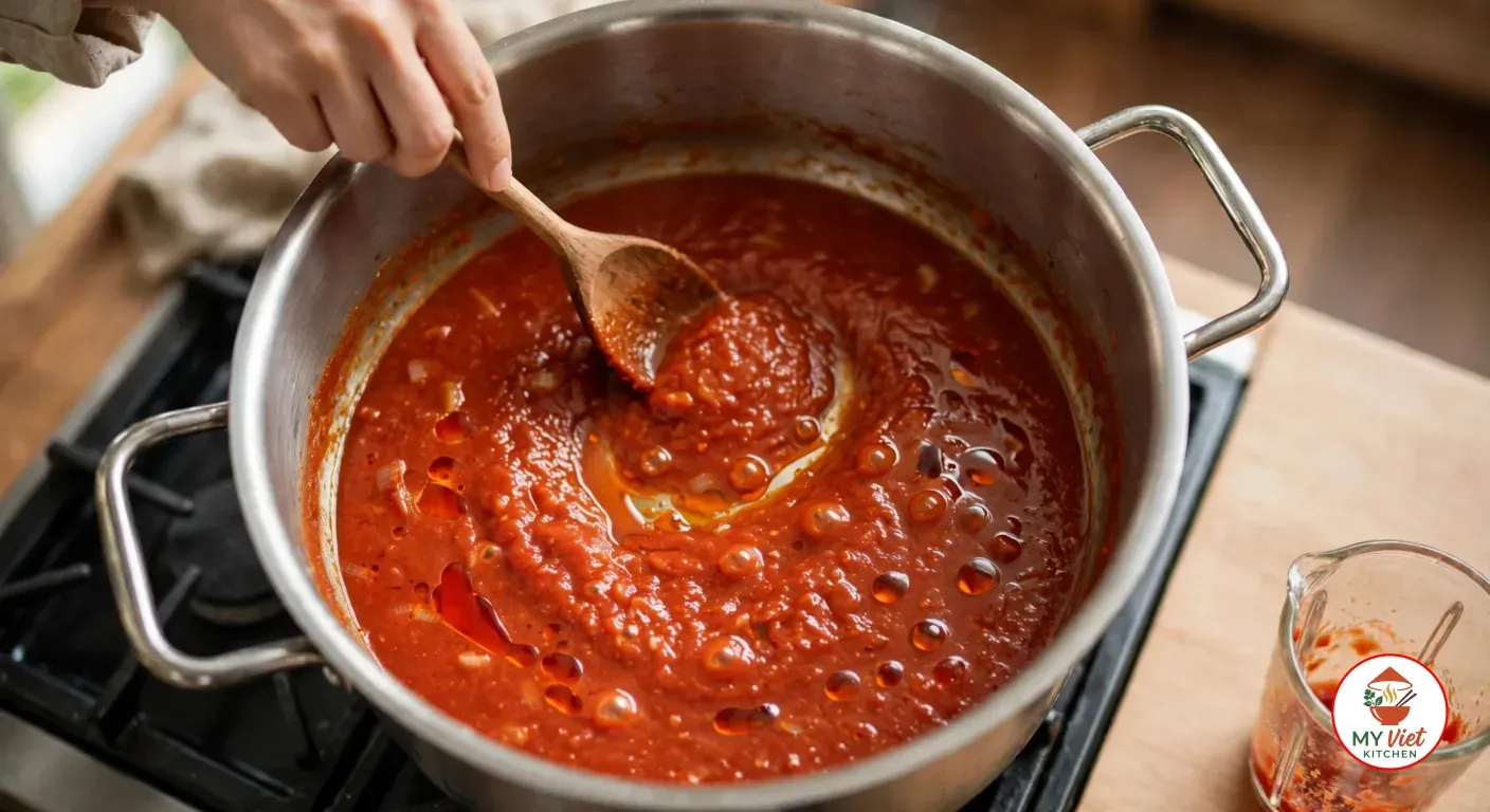 Stirring thick brick-red tomato sauce with pools of palm oil on its surface in the stainless steel pot, an emptied blender jar of tomato puree on the counter
