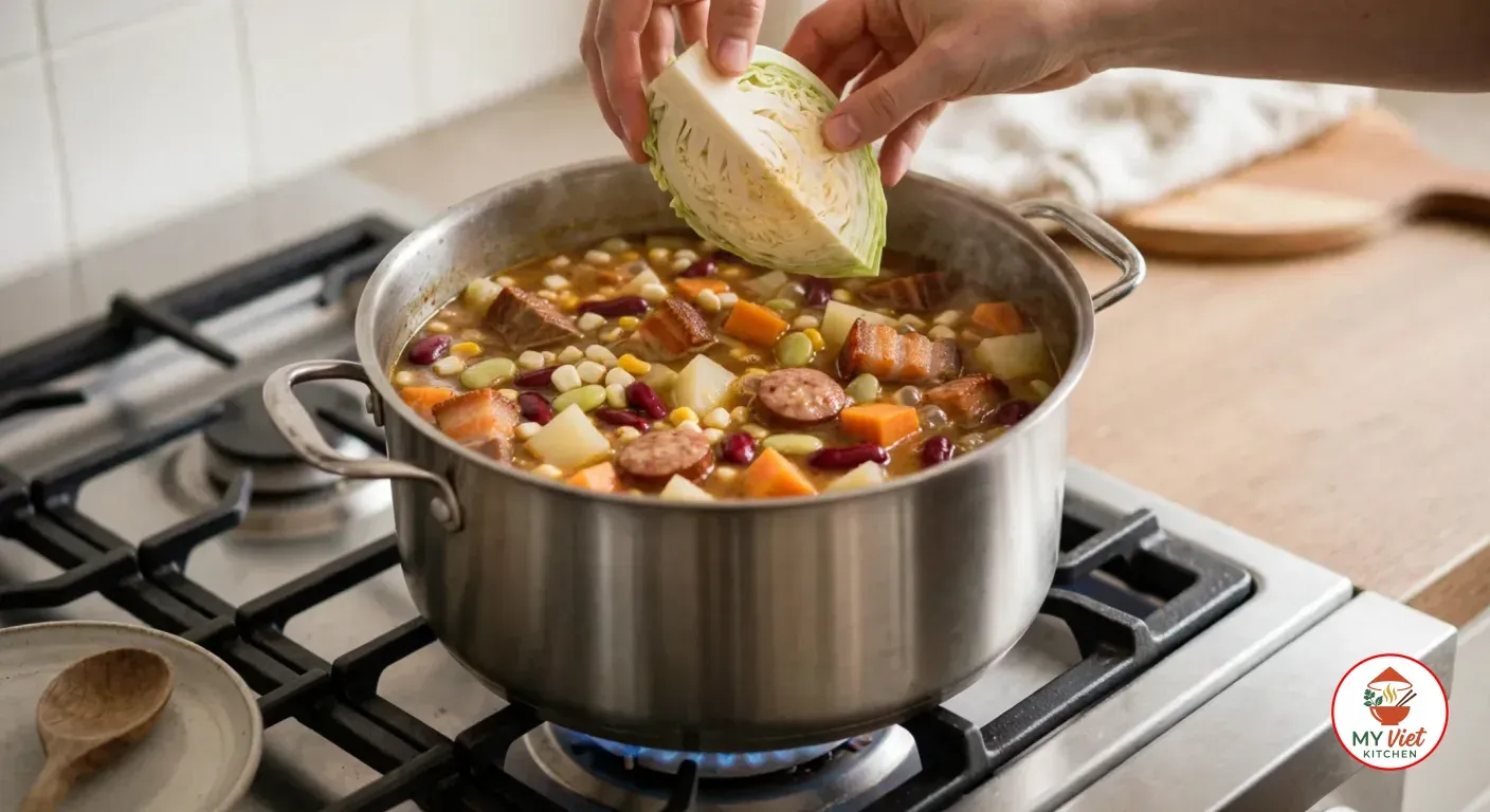 Lowering a wedge of raw green cabbage into a tall stainless steel stockpot of thick simmering stew with corn kernels, red kidney beans, pale lima beans, pork, pork belly, rounds of linguiça and cubes of potato, sweet potato and squash, on a gas stove with a wooden spoon on a plate beside it