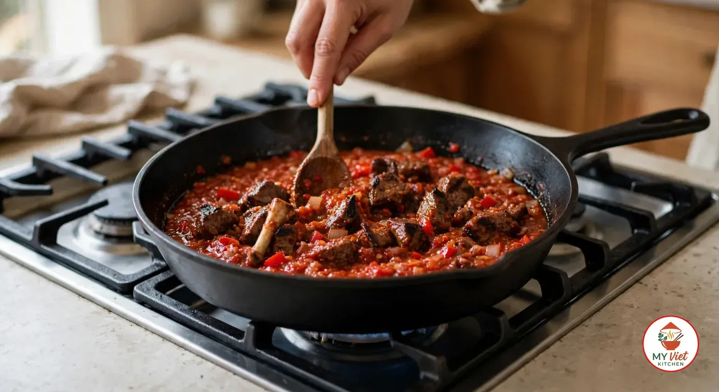 Stirring charred chunks of grilled goat meat into the red pepper sauce with a wooden spoon in the cast-iron skillet