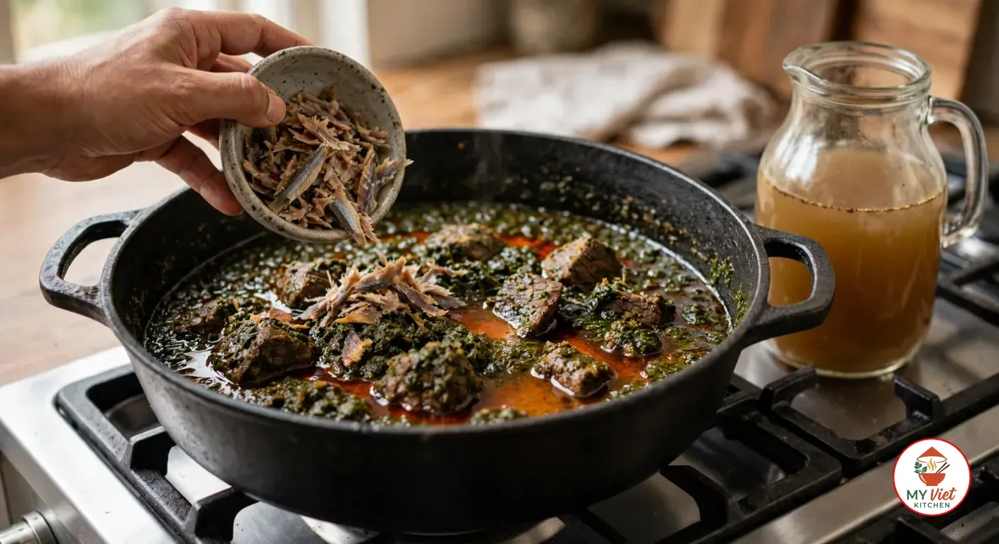 Tipping a bowl of flaked smoked fish into a black cast-iron pot of ground cassava leaves, palm oil and beef chunks on the stove, beside a glass jug of broth