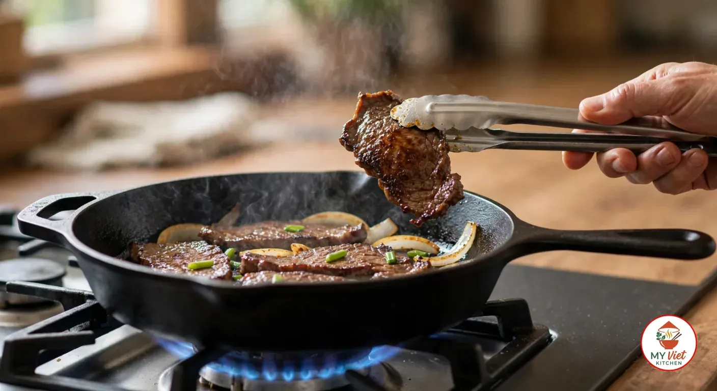 Lifting a seared slice of marinated beef with steel tongs from a black cast iron skillet over a blue gas flame, its underside browned and caramelized at the edges, with four more slices searing in a single layer among golden onion half-moons and pieces of green onion