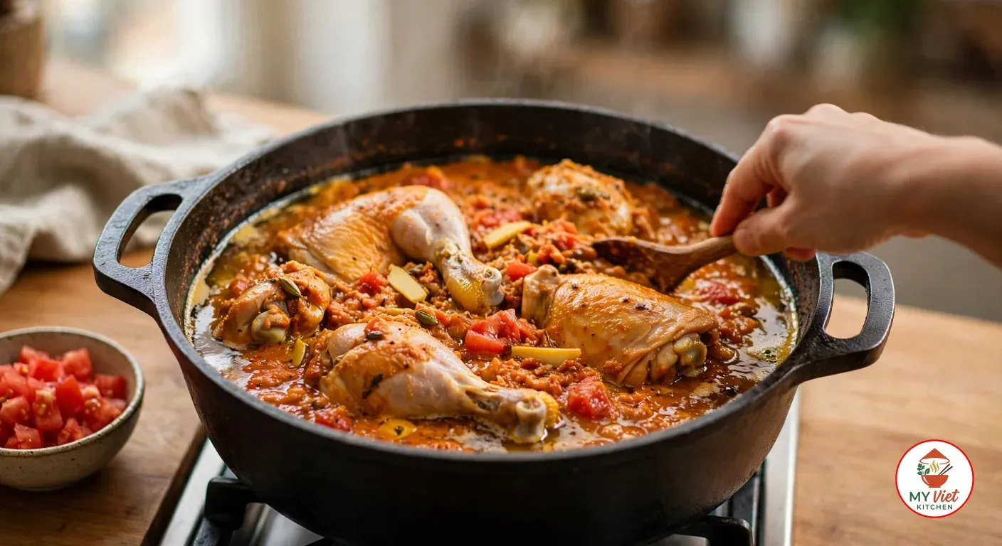 Stirring bone-in chicken thighs and drumsticks with a wooden spoon in a thick orange-red yogurt and tomato masala in a black cast-iron Dutch oven on a gas stove, golden ghee pooling at the edges, a bowl of chopped tomatoes on the wooden counter beside it