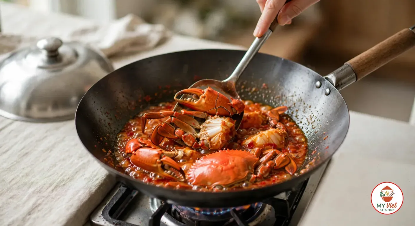 A hand turning a cracked red-orange crab claw with a steel ladle in a black carbon-steel wok of crab pieces and the top shell bubbling in red-orange chili sauce on a gas burner, with a domed steel lid on the counter