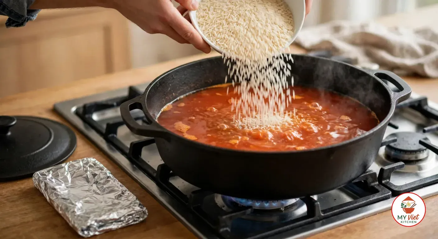 Tipping rinsed parboiled rice from a white bowl into simmering orange-red tomato broth in a wide black cast-iron pot on a gas stove, a folded sheet of aluminium foil and the pot's lid waiting on the wooden counter