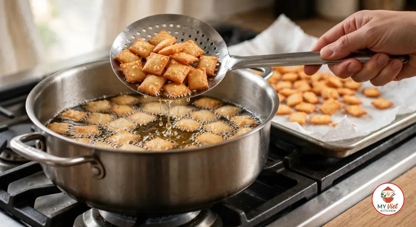 A hand lifting golden chin chin out of bubbling oil with a stainless-steel skimmer over a steel pot on a gas stove, more pieces frying in a single layer and a first batch draining on a paper-towel-lined tray beside it