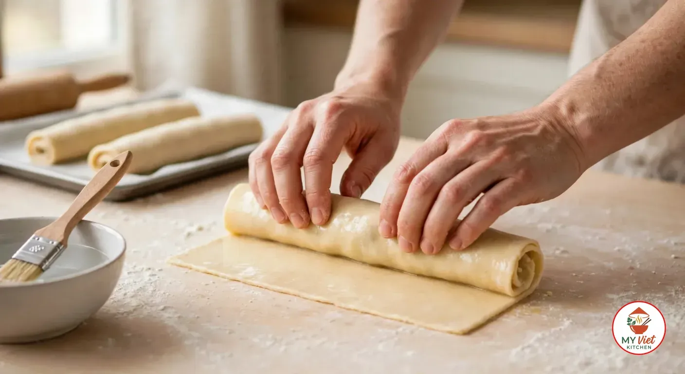 Two hands rolling a filled pastry roll inside a second thin, water-brushed sheet of dough on a floured wooden worktop, with a bowl of water and a pastry brush in front and two raw wrapped rolls on a baking tray behind