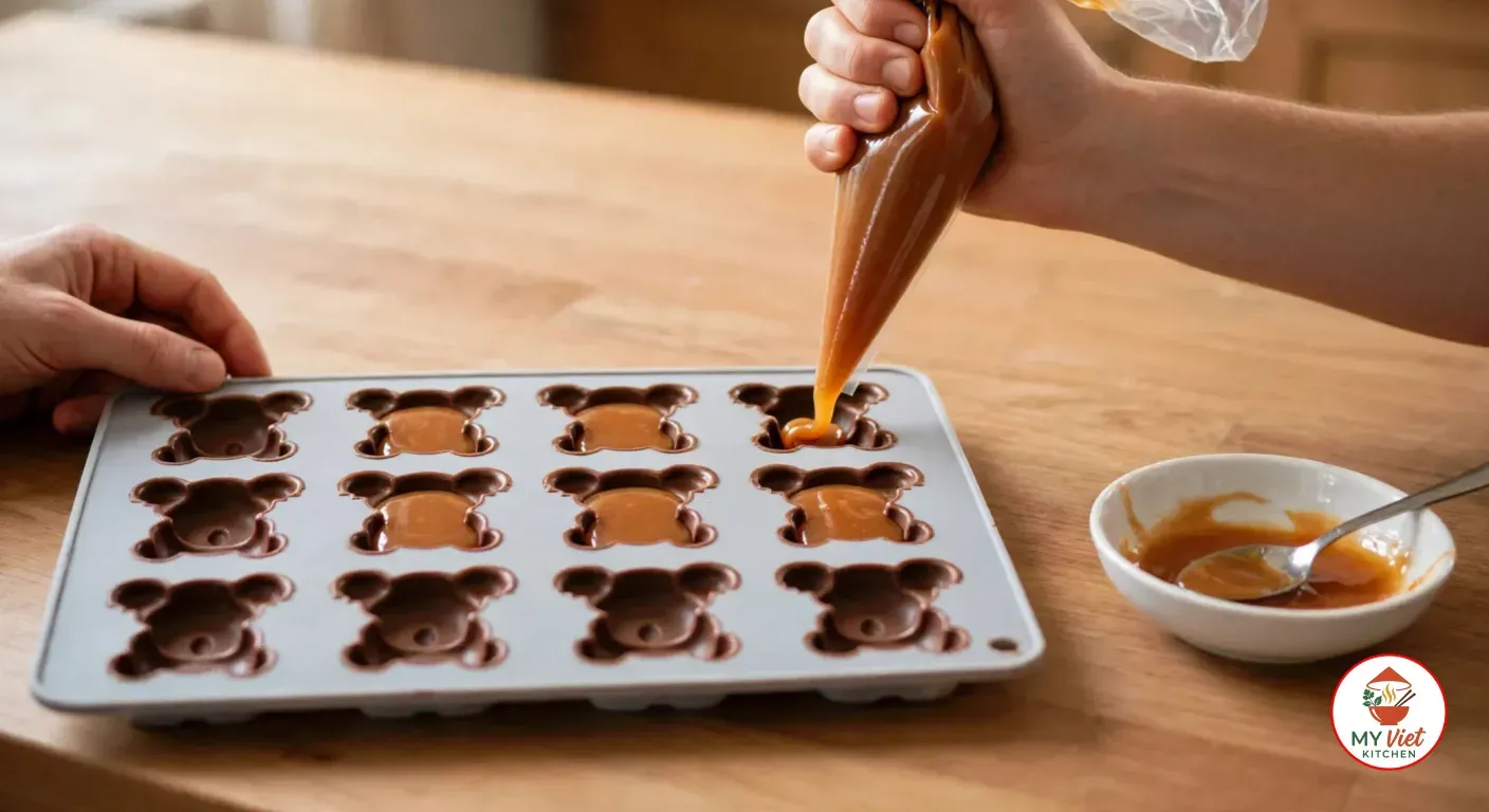 Piping golden caramel from a clear piping bag into chocolate-lined koala cavities in a grey silicone mold, half of them already filled, beside a small white bowl of leftover caramel with a spoon
