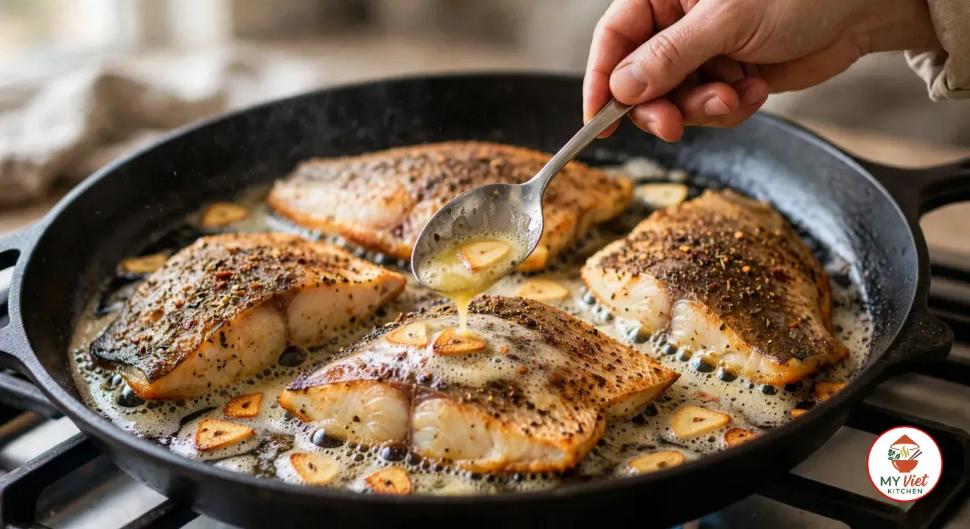 Spooning foaming garlic butter over four flipped, golden, spice-crusted barramundi fillets in a black cast-iron skillet on a gas stove, thin slices of garlic turning golden in the bubbling butter