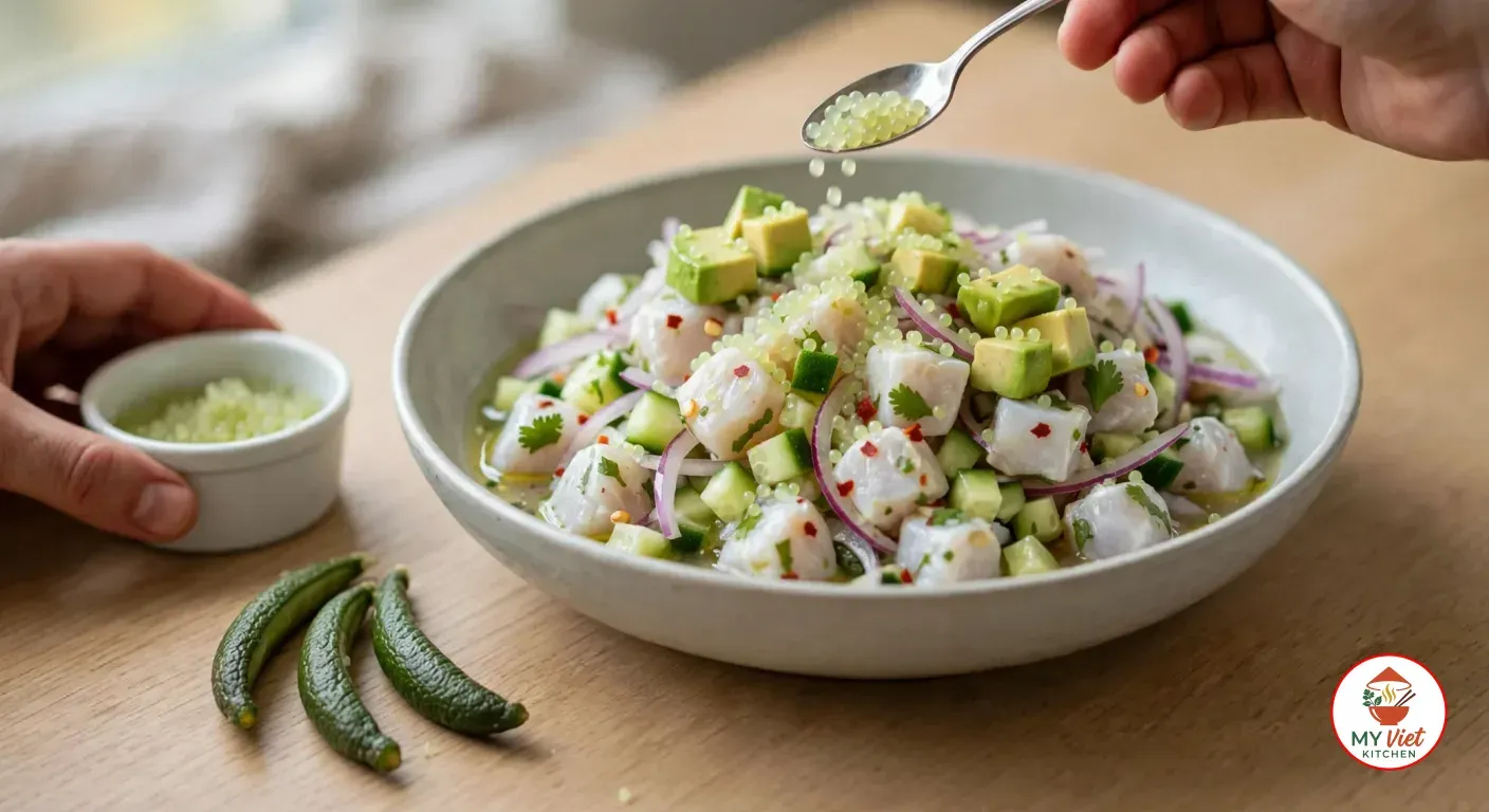 A hand scattering tiny pale green finger lime pearls from a teaspoon over a pale grey bowl of kingfish cubes, cucumber, red onion, chilli and avocado, the other hand holding a ramekin of pearls beside three whole finger limes