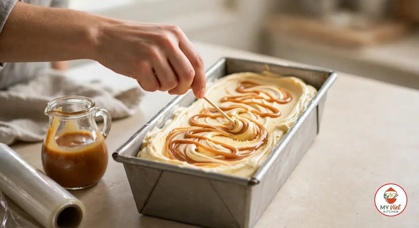 Swirling caramel sauce through the ice cream mixture in a metal loaf pan with a wooden skewer, beside a jug of caramel and a roll of plastic wrap
