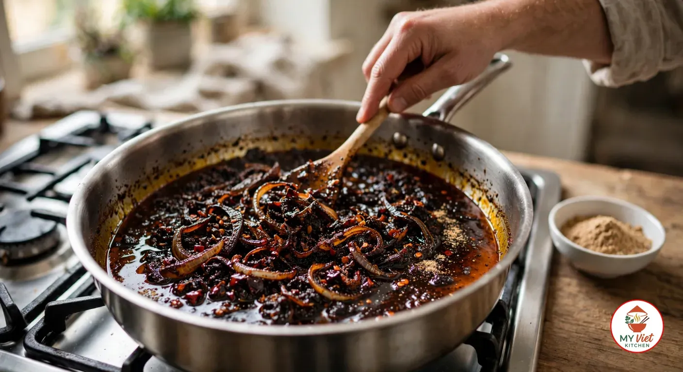 A hand stirring a very dark, almost black agoyin sauce of fried onion rings and red pepper flecks in a wide stainless-steel pan on a gas stove, dark reddish oil pooling at the edges, with a small bowl of ground crayfish beside the stove