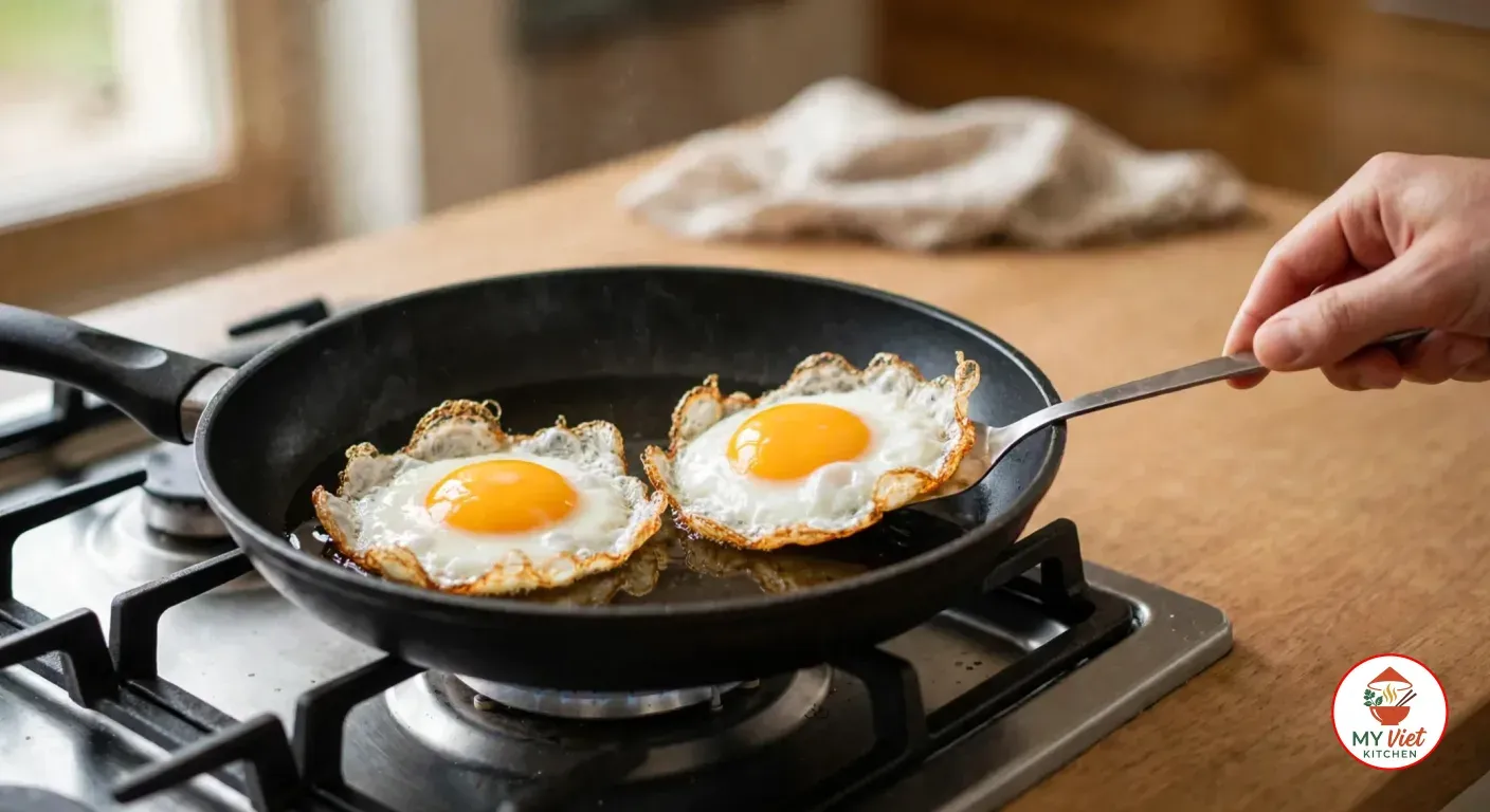 Two sunny-side-up eggs with runny yolks and crisp golden lacy edges frying in a black nonstick pan on a gas burner, a hand holding a thin metal spatula at the edge of the pan