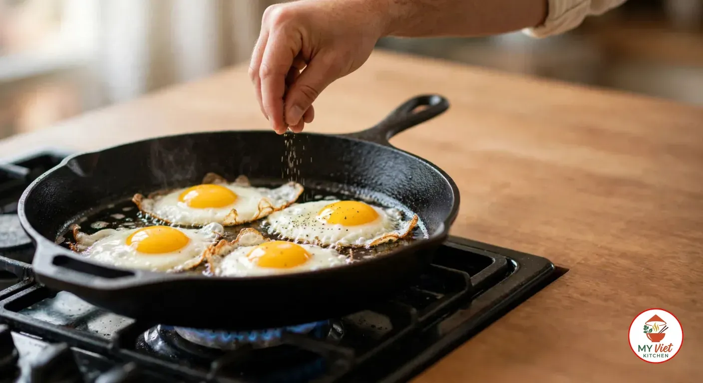 Sprinkling a pinch of black pepper over four eggs frying sunny-side up in a black cast-iron skillet on a gas stove, the whites set with lightly crisp edges and the yolks round and runny