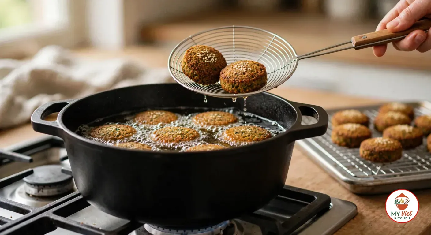 A hand lifting two fried, deep golden-brown falafel discs with a wire spider from a black cast-iron Dutch oven of bubbling oil on a gas stove, with more fried falafel draining on a wire rack beside it