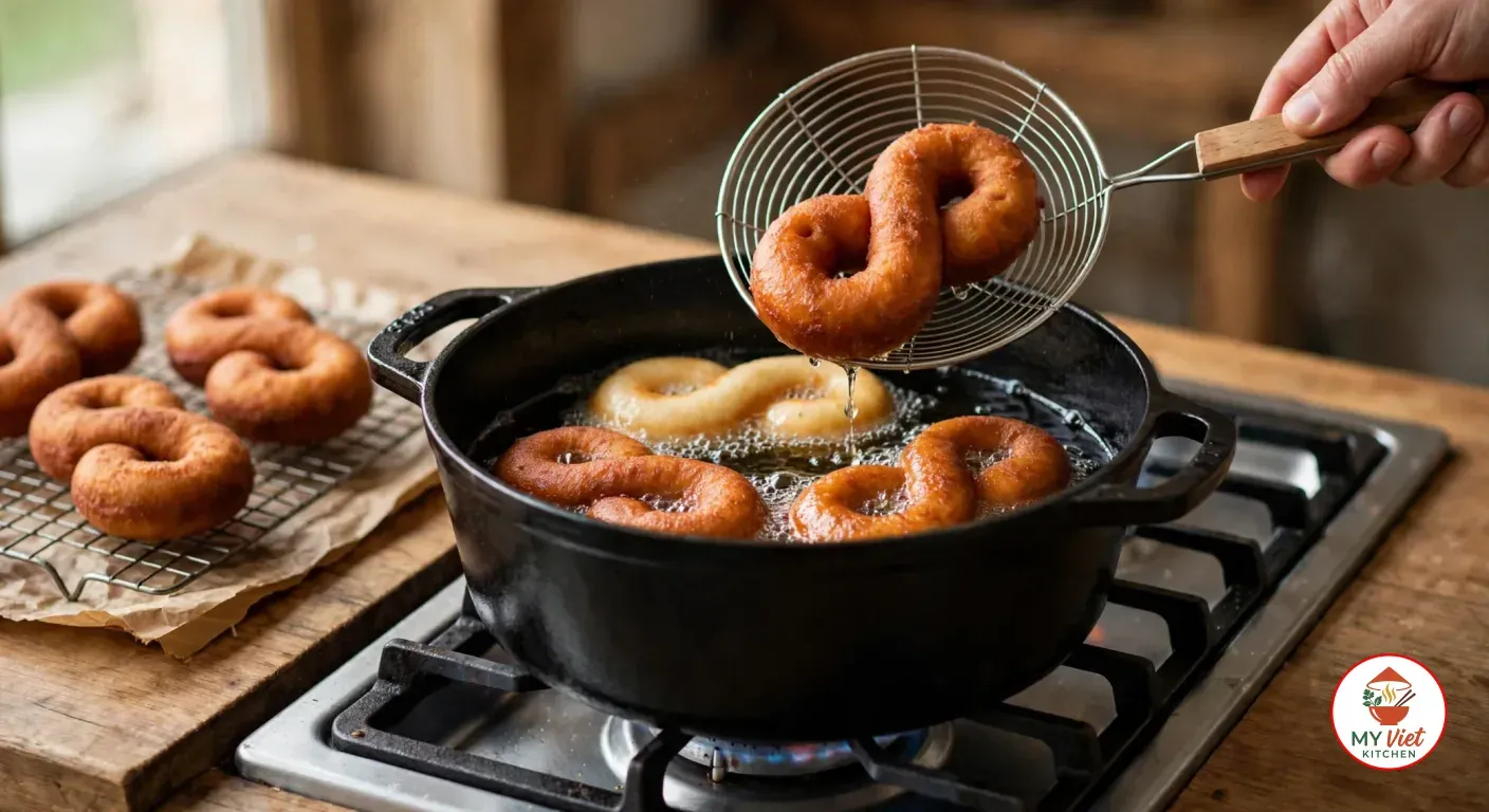 A hand lifting a deep golden-brown figure-eight doughnut on a wire spider from a black cast-iron pot of bubbling oil on a gas stove, with two more frying and fried ones draining on a wire rack beside it