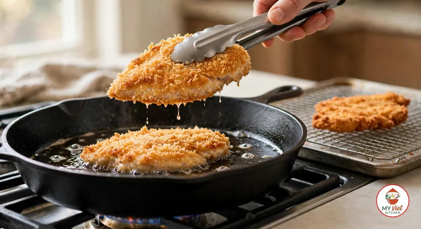 A hand lifting a golden panko-crumbed chicken breast with tongs from a black cast-iron skillet where a second piece is frying in shallow oil, with a fried schnitzel draining on a wire rack beside the stove