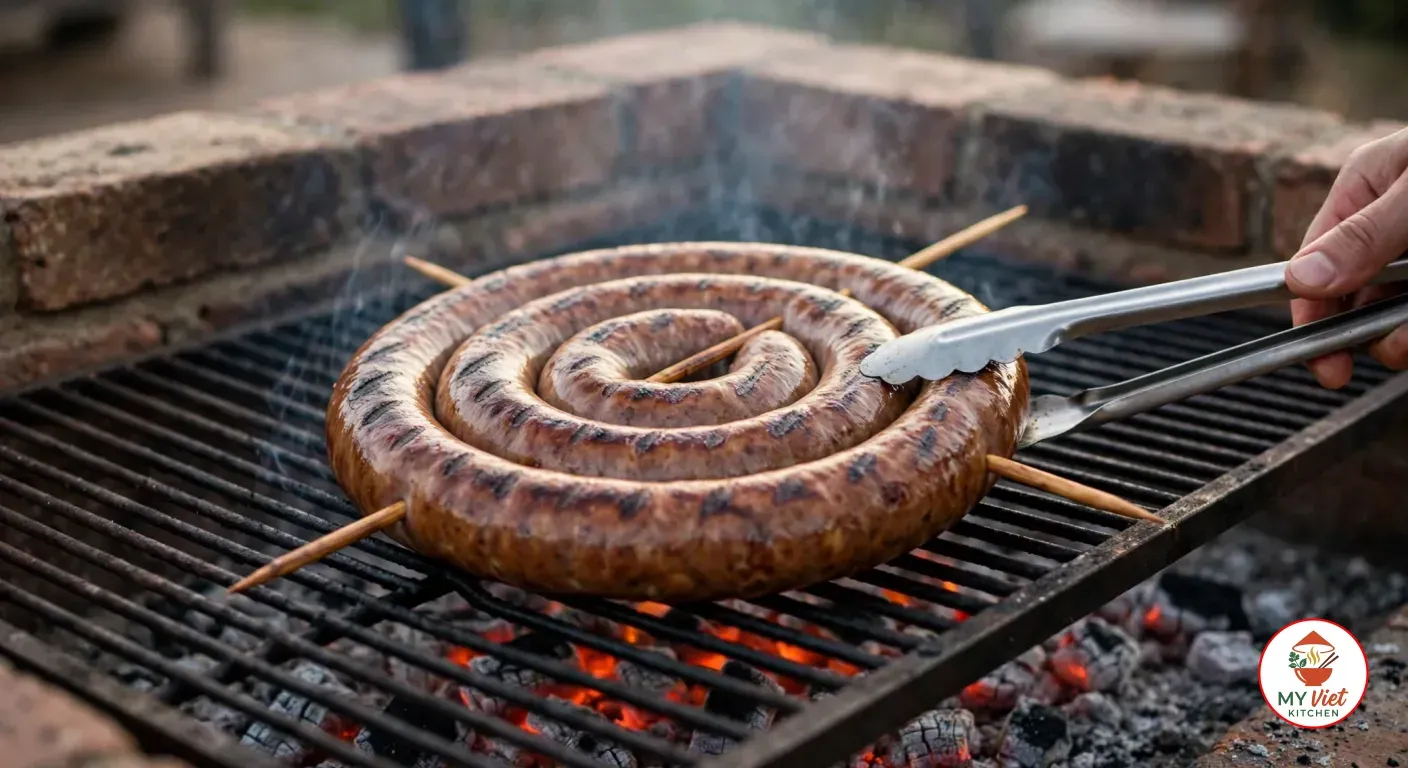Lifting the edge of a boerewors coil held by two crossed wooden skewers with long steel tongs to turn it on a black braai grid over glowing charcoal embers in a brick braai, the casing browned with dark grill lines and a wisp of smoke rising