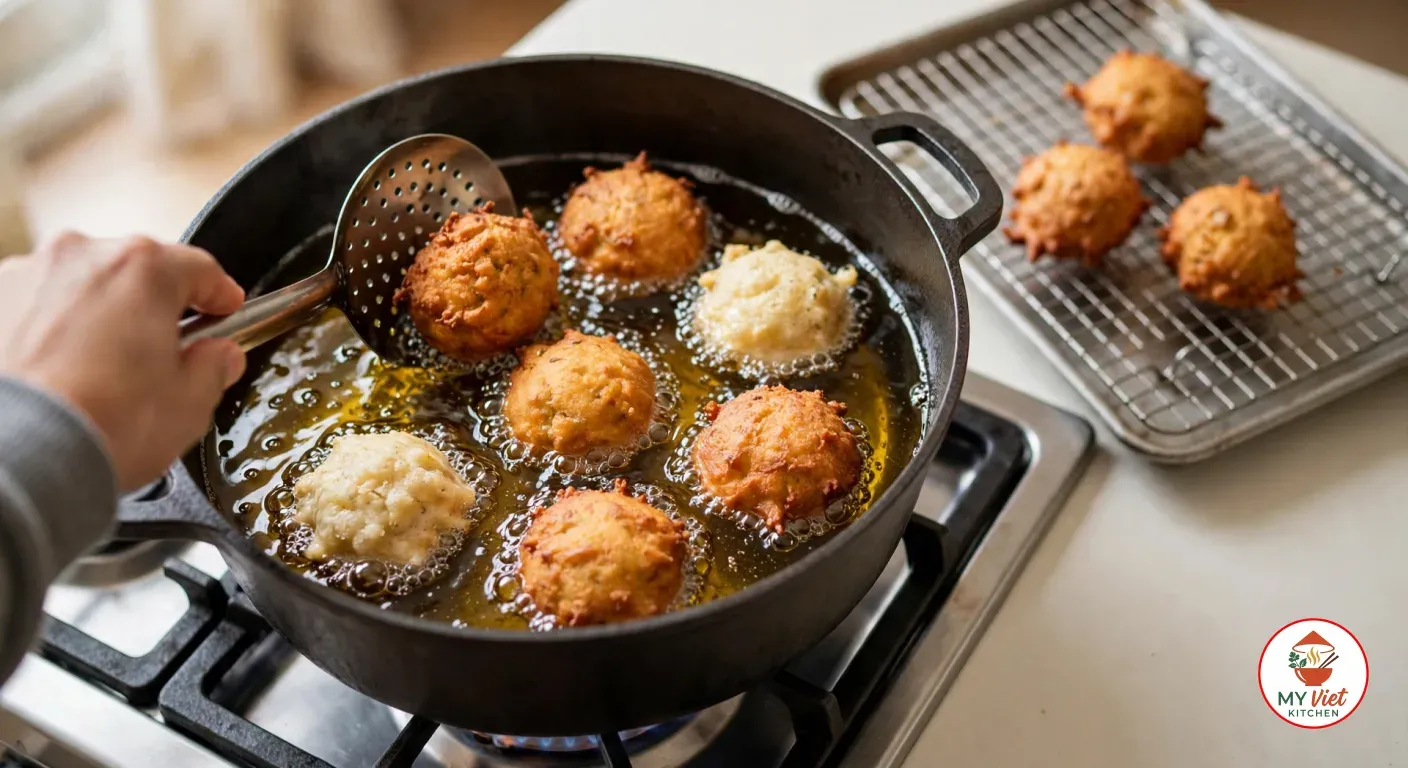 Akara frying golden brown in hot oil in a cast-iron pot, with drained fritters on a wire rack