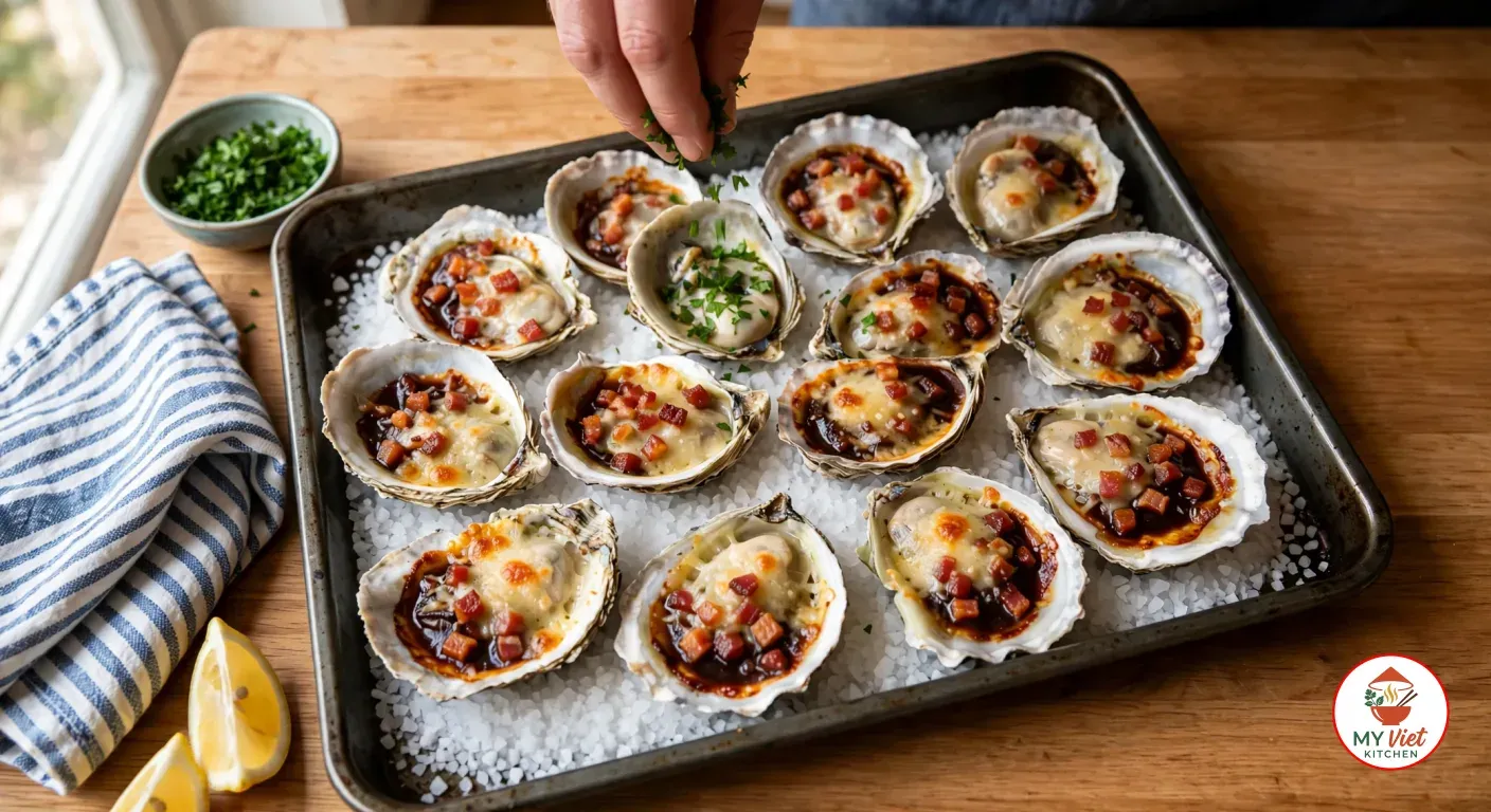 Scattering chopped parsley over twelve Bluff oysters Kilpatrick just out of the oven, each topped with Worcestershire and tomato sauce, browned diced bacon and melted golden Parmesan, set in coarse rock salt on a dark baking tray, with a bowl of parsley, a striped tea towel and lemon wedges on the wooden counter beside it