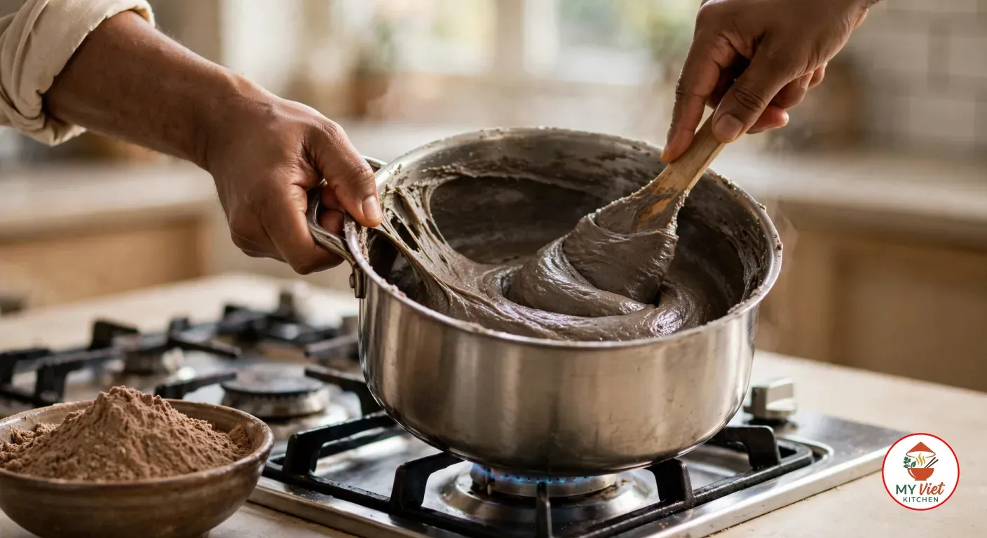 Stirring thick, stretchy grey-brown amala with a wooden spatula in a pot on the stove, beside a bowl of yam flour