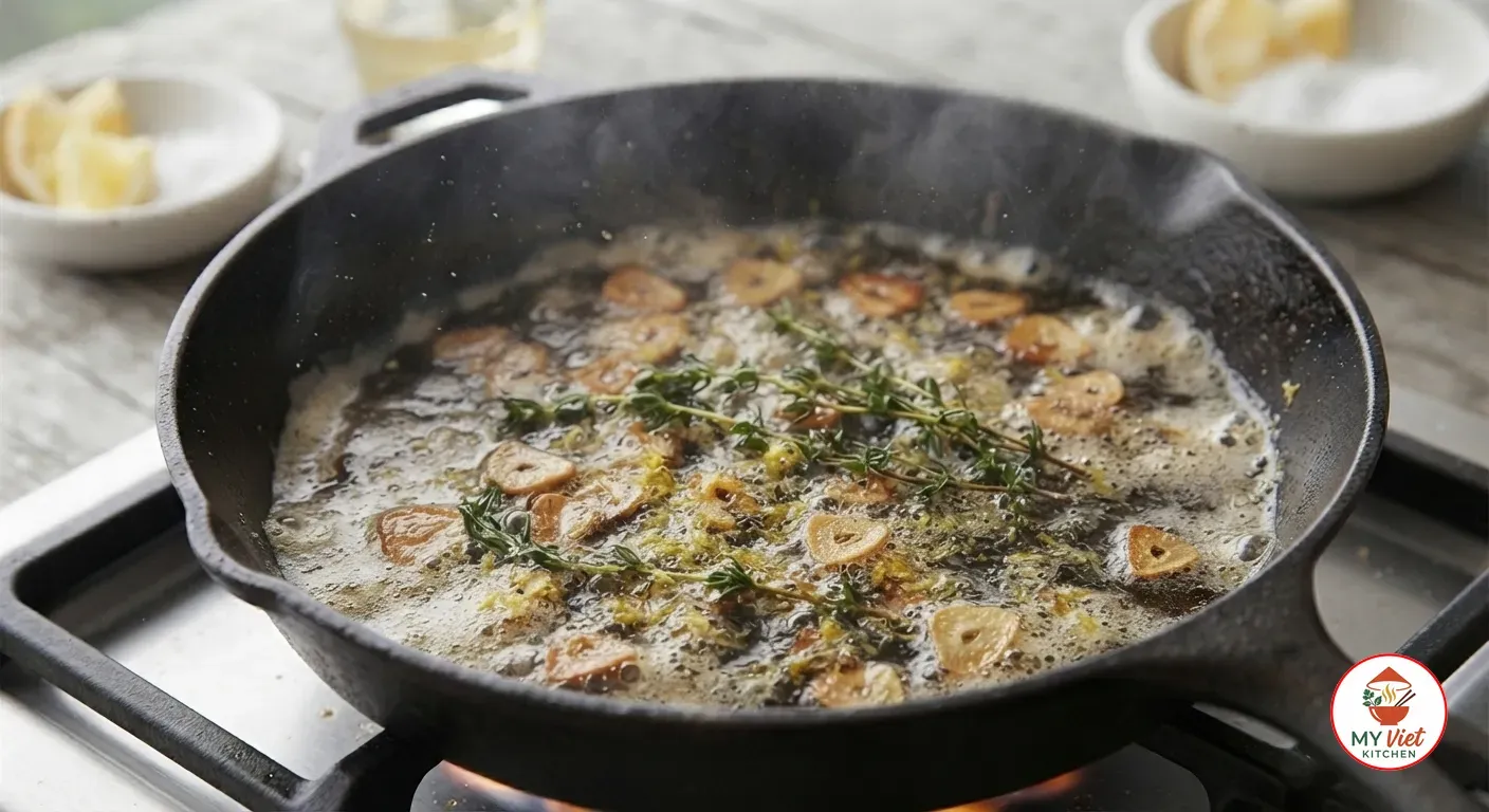 Garlic butter sauce with sliced garlic, thyme and lemon zest in a cast iron skillet