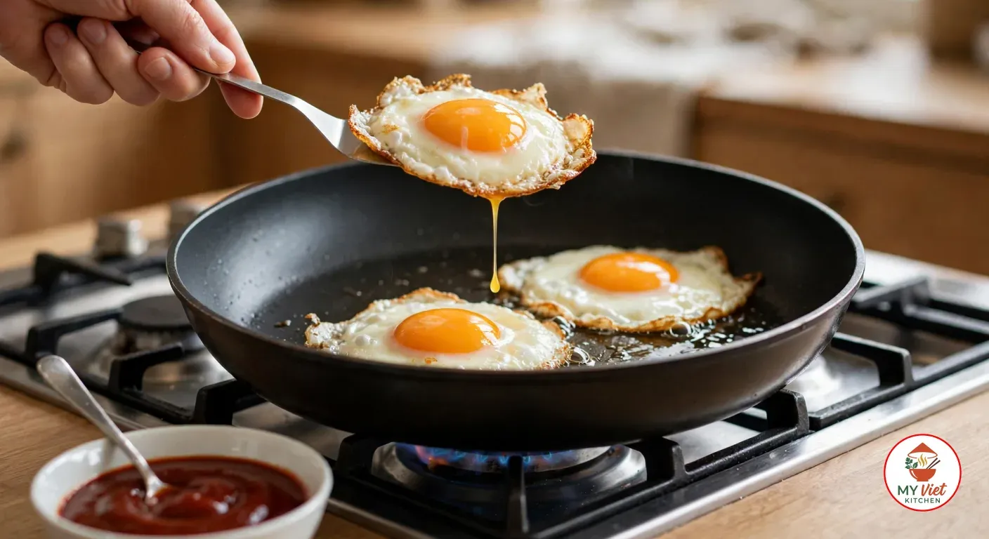 Lifting a sunny-side-up egg with a runny yolk and crisp golden edges on a thin metal spatula from a black frying pan on a gas stove, two more eggs frying in the pan, a small white bowl of glossy red gochujang sauce with a spoon on the counter in front