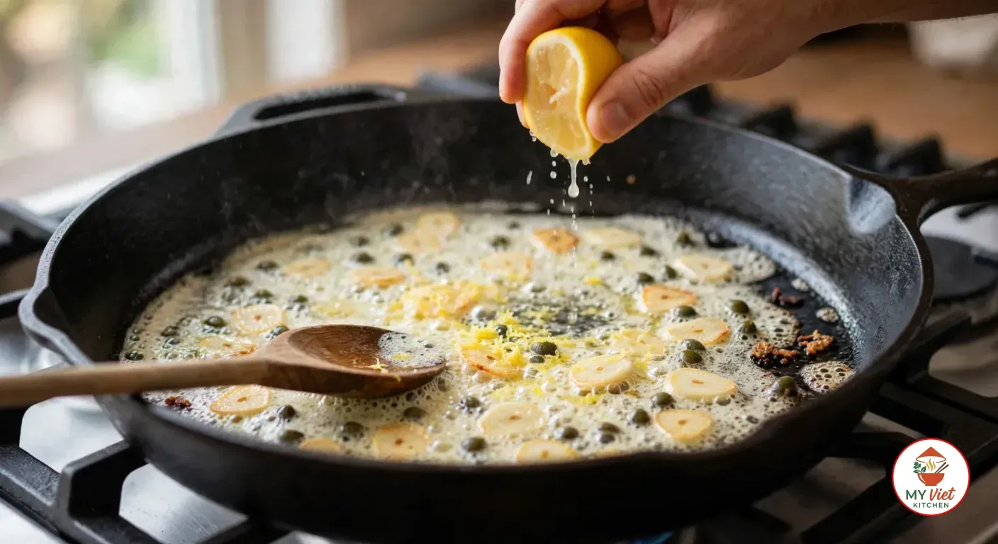 Squeezing half a lemon into foaming butter with sliced garlic, capers, lemon zest and browned bits in the empty black cast-iron skillet on a gas stove, a wooden spoon resting in the sauce