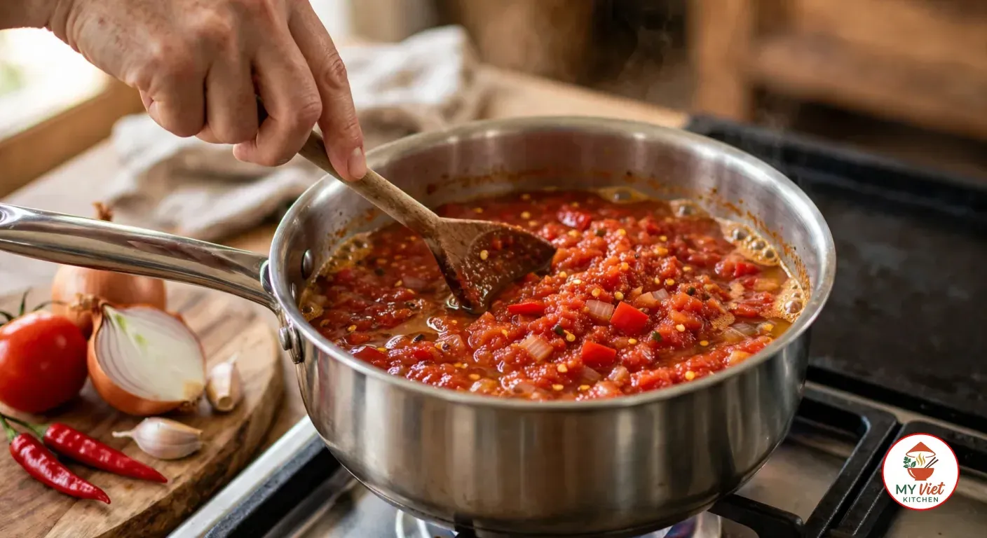 Stirring a coarse, chunky bright red tomato, chili and onion pepper sauce with a wooden spoon in a stainless steel saucepan on a gas stove, a tomato, a halved onion, garlic cloves and red chilies on a wooden board beside it