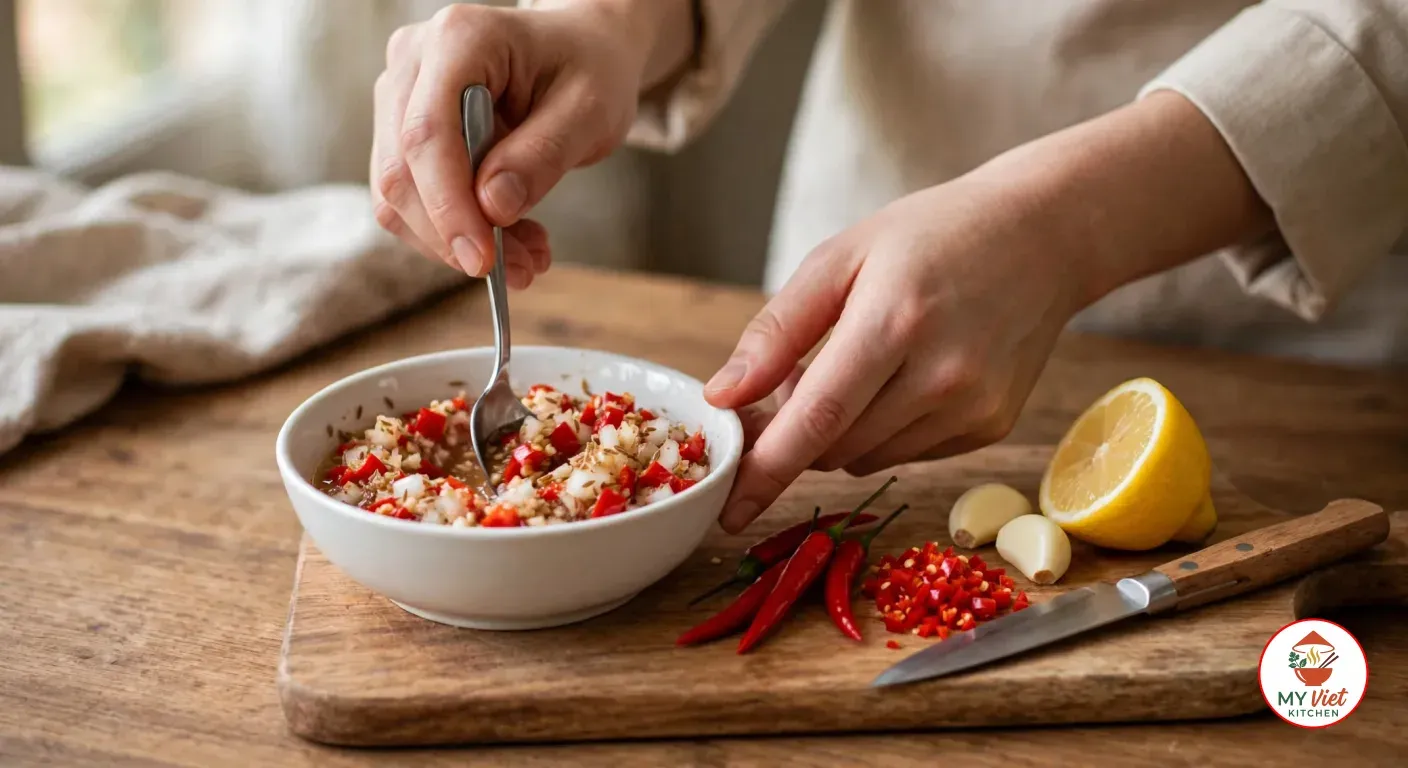 Stirring pilipili with a small spoon in a white ceramic bowl, finely chopped red chili, minced garlic and diced white onion in lemon juice flecked with cumin, with whole red bird's eye chilies, a pile of chopped chili, two garlic cloves, half a lemon and a small kitchen knife on the wooden board beside it