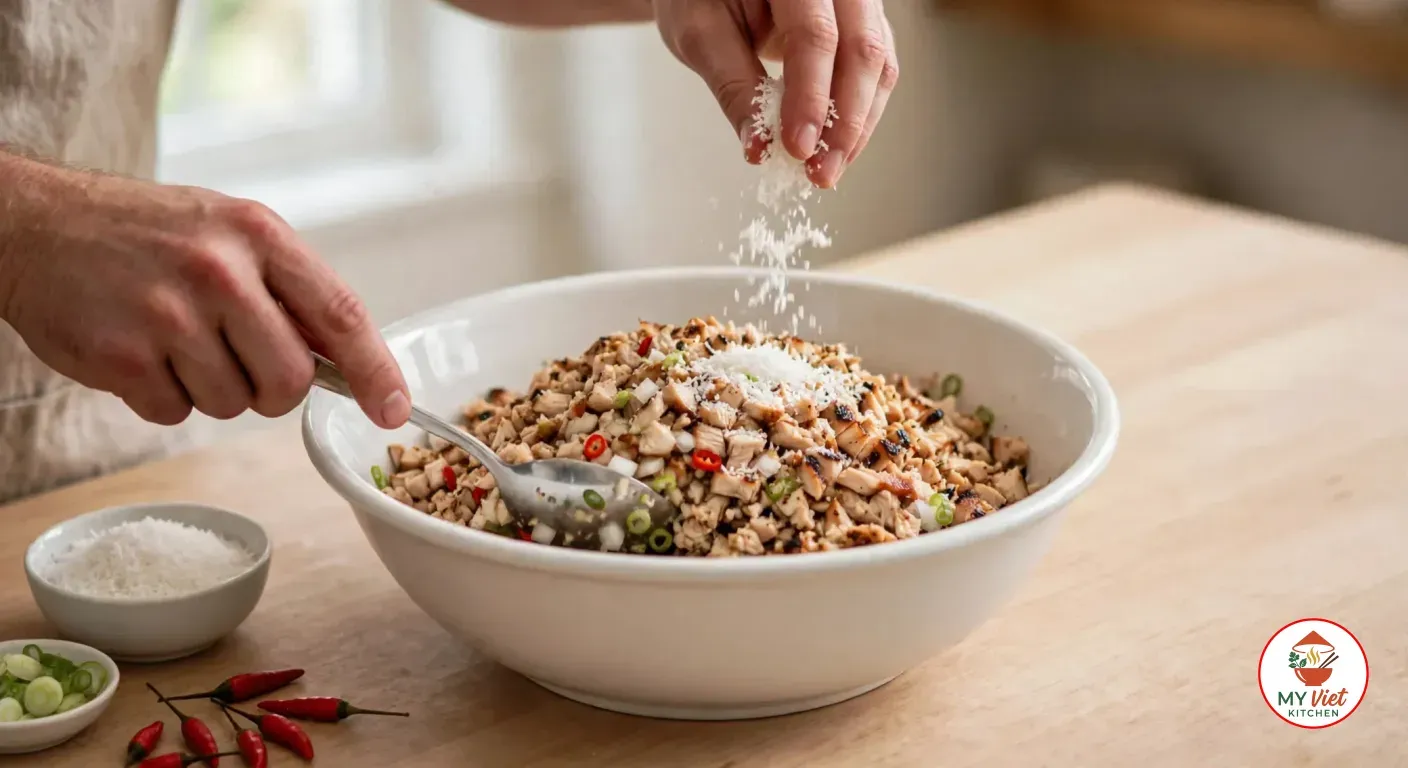 A hand sprinkling grated coconut over chopped grilled chicken mixed with diced white onion, green onion and sliced red chili in a large white bowl, beside a bowl of grated coconut, a dish of sliced green onions and red bird's eye chilies