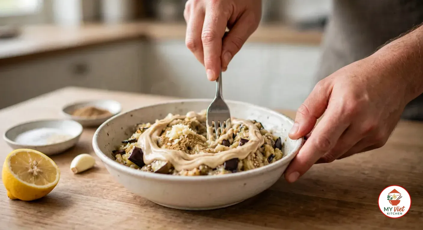 Stirring a ribbon of tahini, minced garlic and cumin into chopped roasted eggplant with a fork in an off-white ceramic bowl, beside a halved lemon, a garlic clove and small dishes of salt and cumin