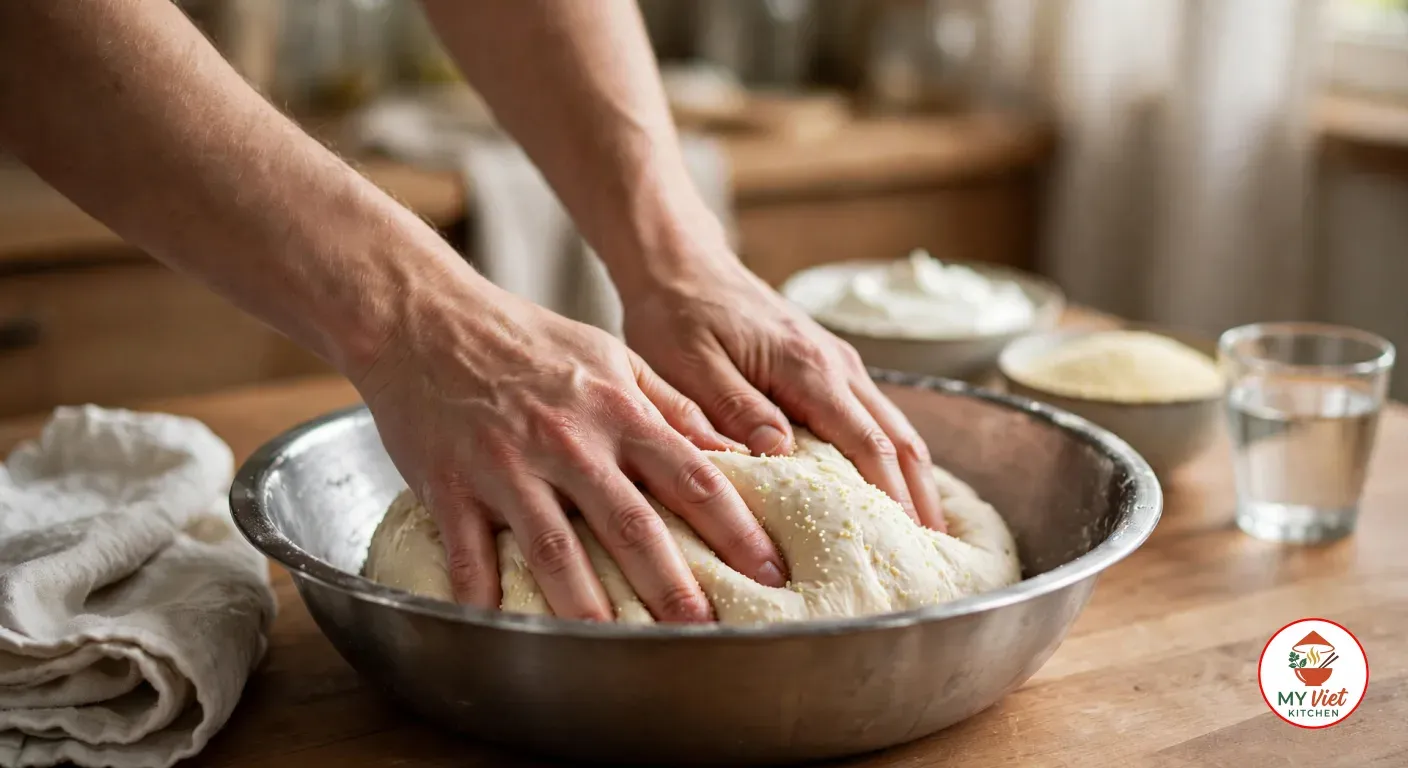 Two hands kneading a soft, smooth off-white bhature dough flecked with semolina in a wide stainless-steel bowl, beside bowls of yogurt and semolina, a glass of water and a folded cotton towel