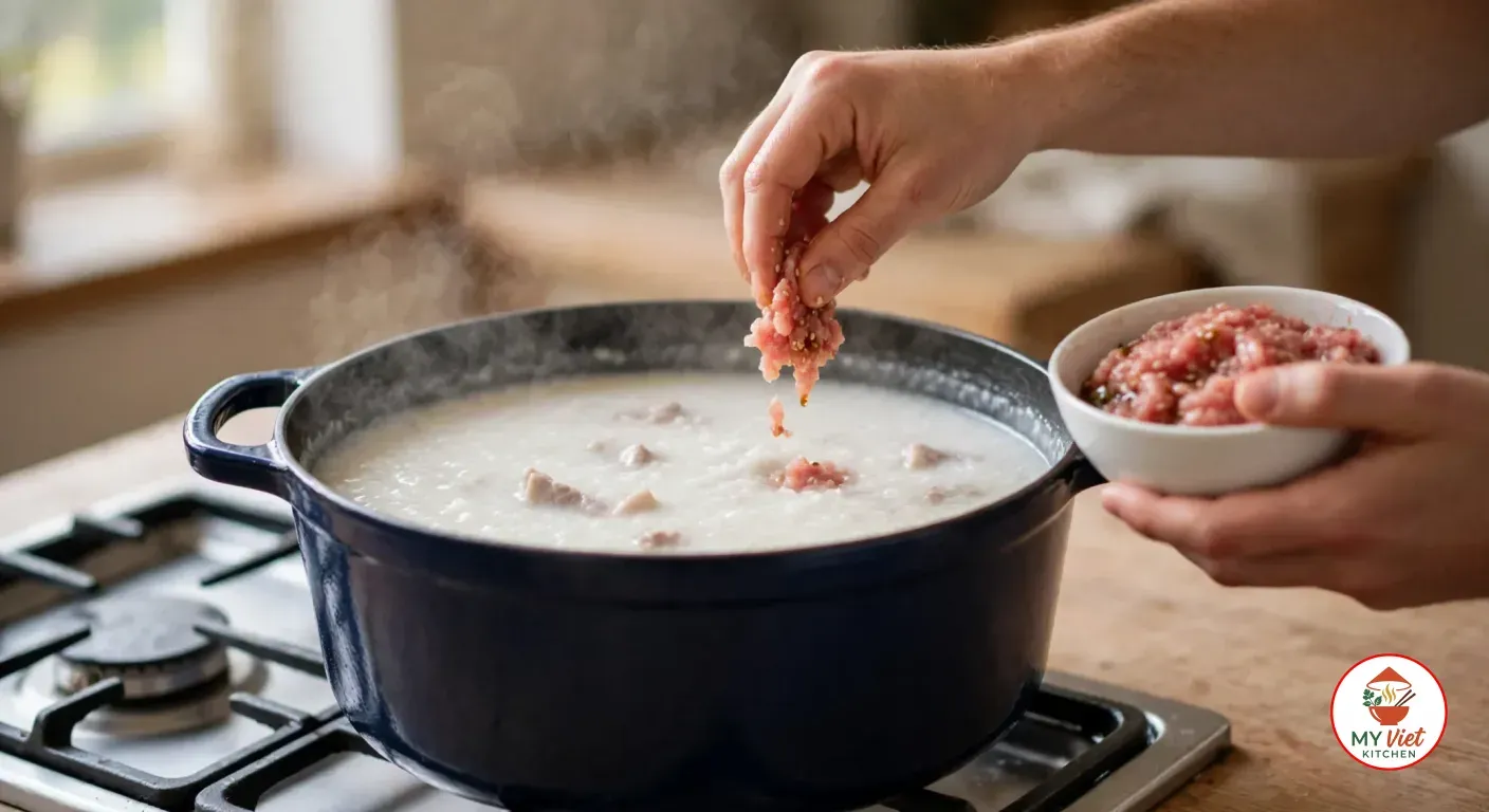 A hand dropping a pinch of marinated minced pork into creamy congee in a dark blue Dutch oven on a gas stove, the other hand holding a small white bowl of the raw pork