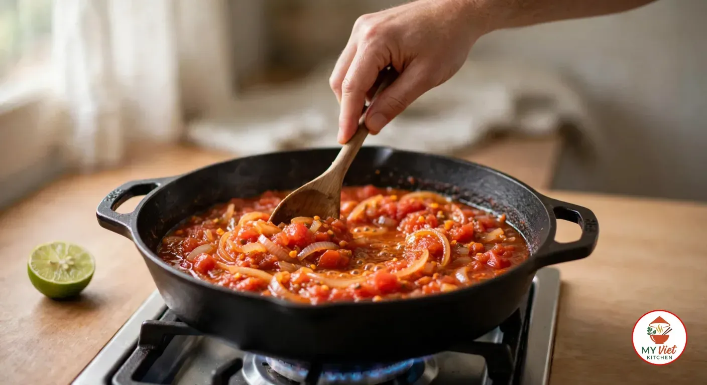 Stirring a chunky tomato, onion and habanero sauce with a wooden spoon in a cast-iron pan