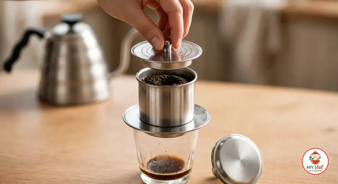 Fingertips lowering the perforated press of the phin onto the bloomed coffee grounds, a little coffee already in the glass below