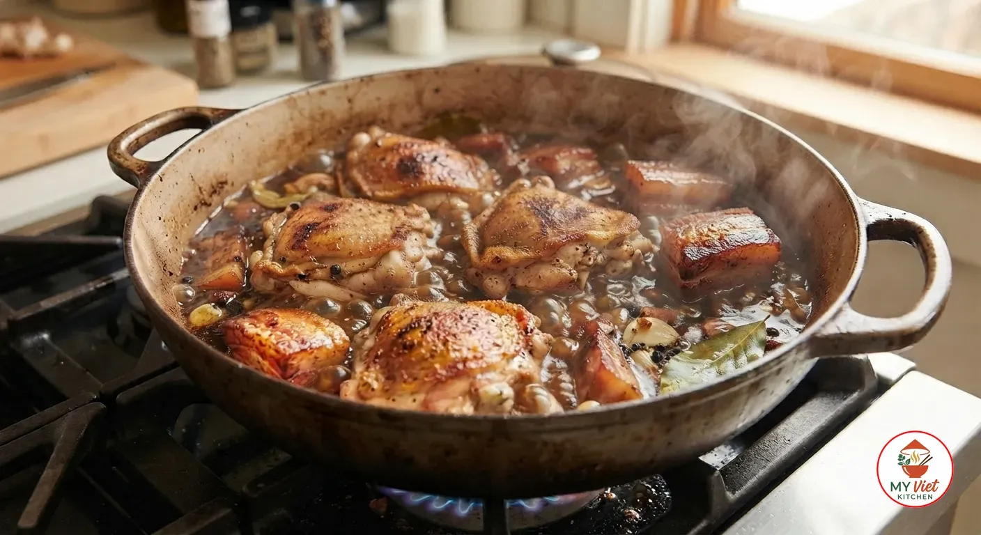 Adobo sauce simmering uncovered until glossy and thick around the chicken and pork