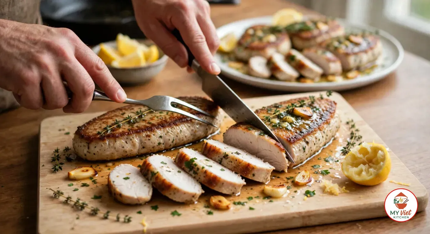 Hands slicing a pan-seared crocodile tail steak across the grain with a chef's knife and carving fork on a wooden board, white slices fanned out beside garlic cloves, thyme and a squeezed lemon half