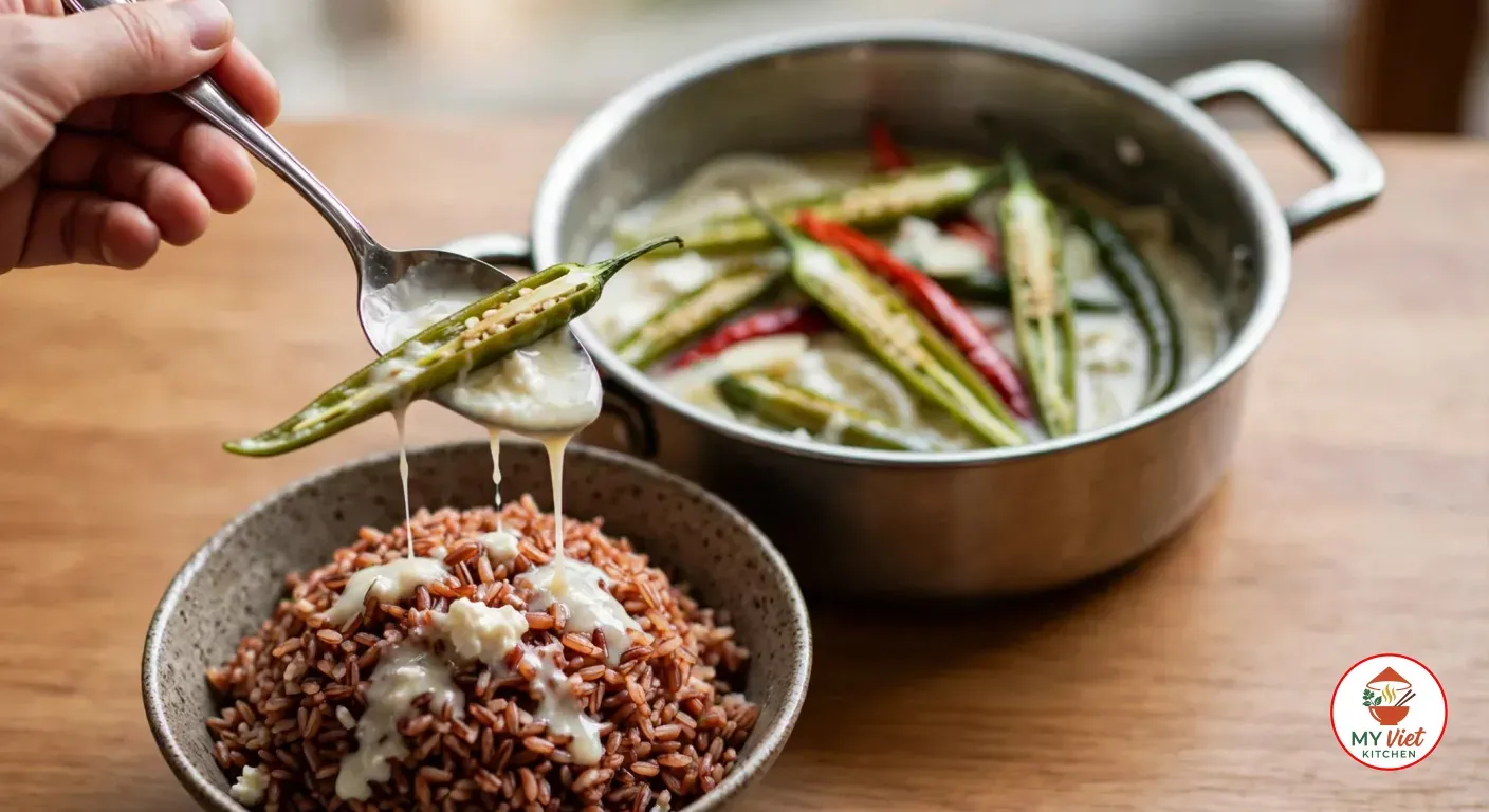 A hand spooning a split green chili and runny pale cheese sauce from the stainless-steel pot over a bowl of red rice on a wooden table