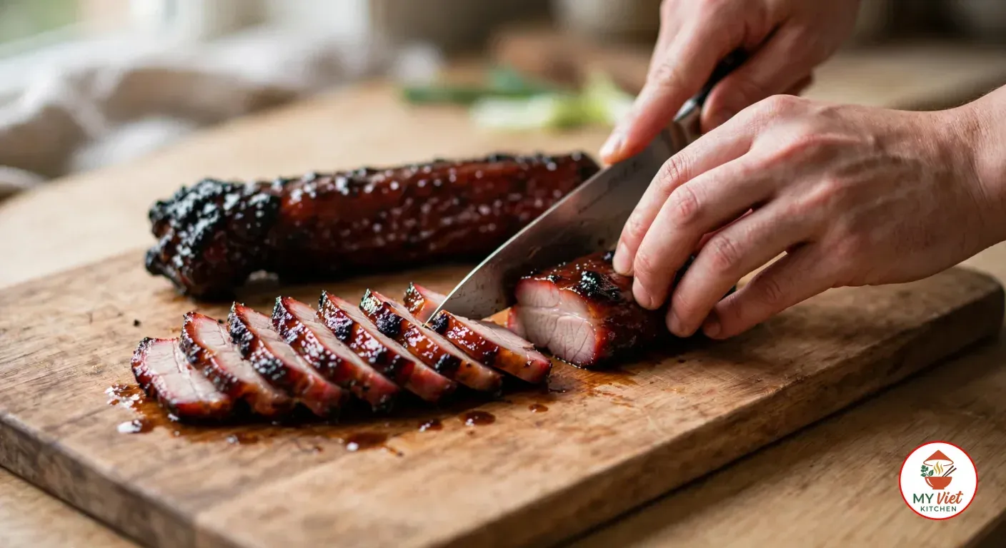 Hands slicing a glazed char siu strip with a chef's knife on a wooden cutting board, a row of slices with blackened edges and pale pink centers beside it and a second whole strip behind