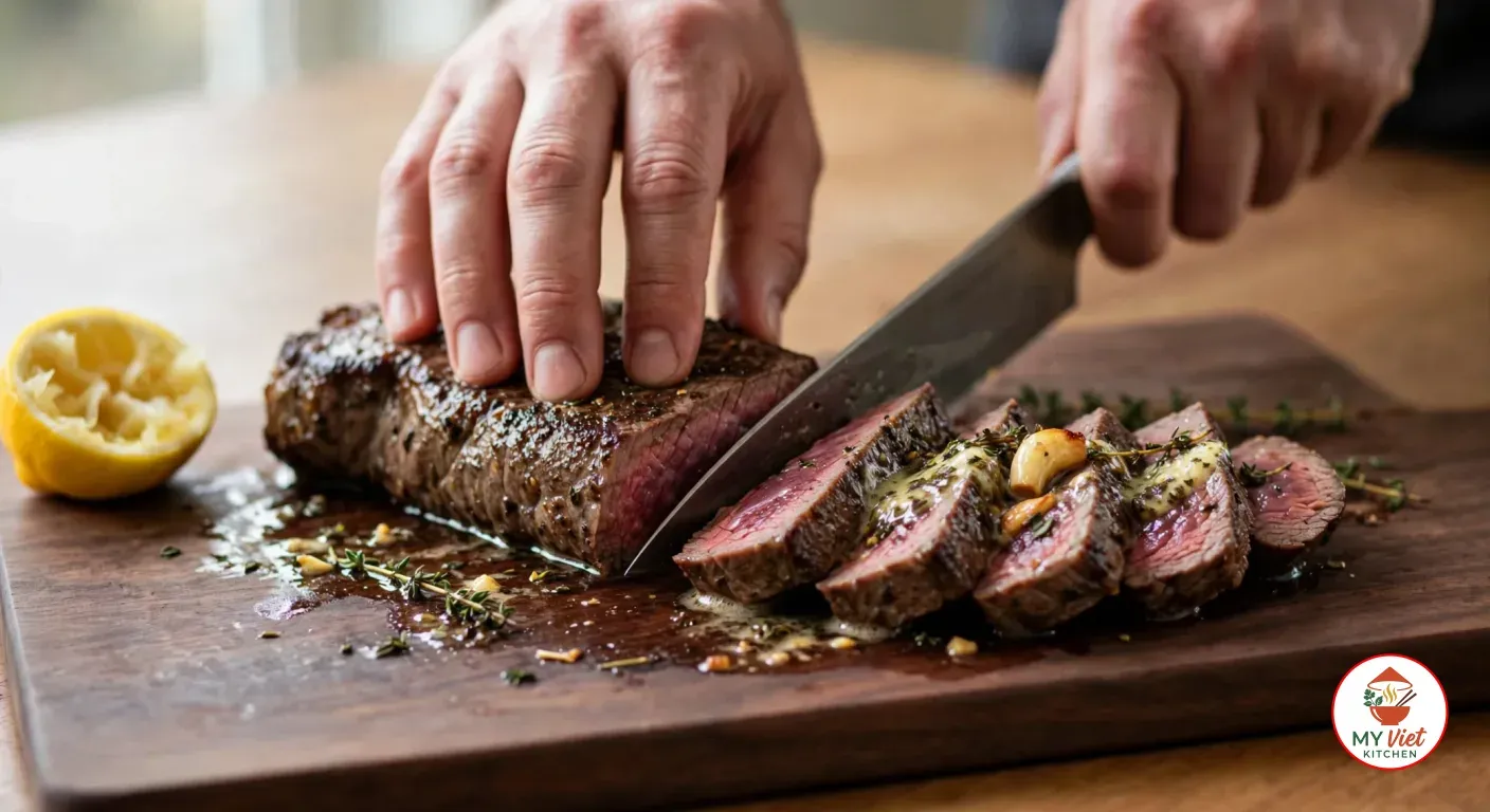 Hands slicing a rested emu steak across the grain with a chef's knife on a walnut board, the slices tipped over in a row to show a deep red medium-rare centre under herb butter, soft garlic cloves and thyme, a squeezed lemon half at the edge
