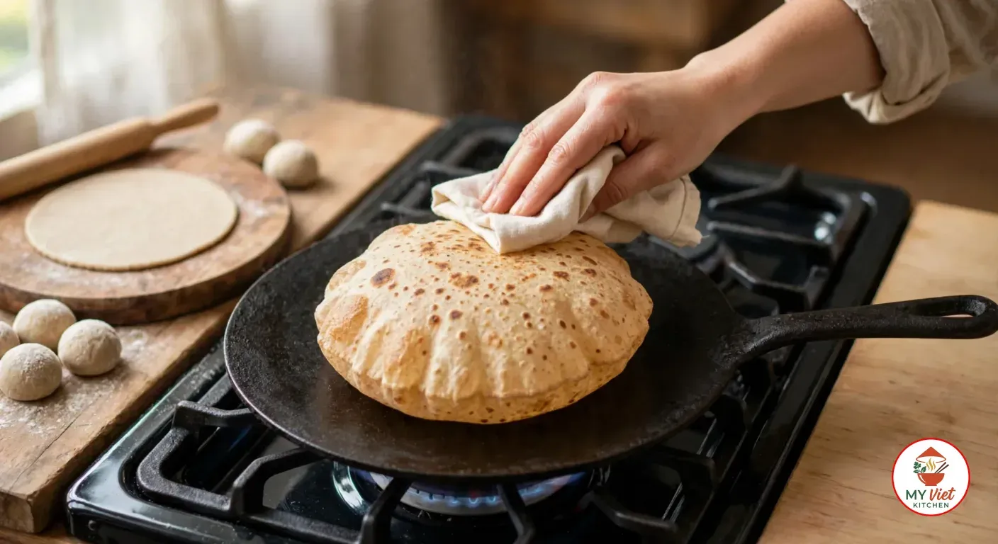 Pressing a puffed whole wheat chapati with a folded cream cloth on a black cast-iron tawa over a gas flame, beside a wooden rolling board with a rolled-out round of dough, a rolling pin and dough balls